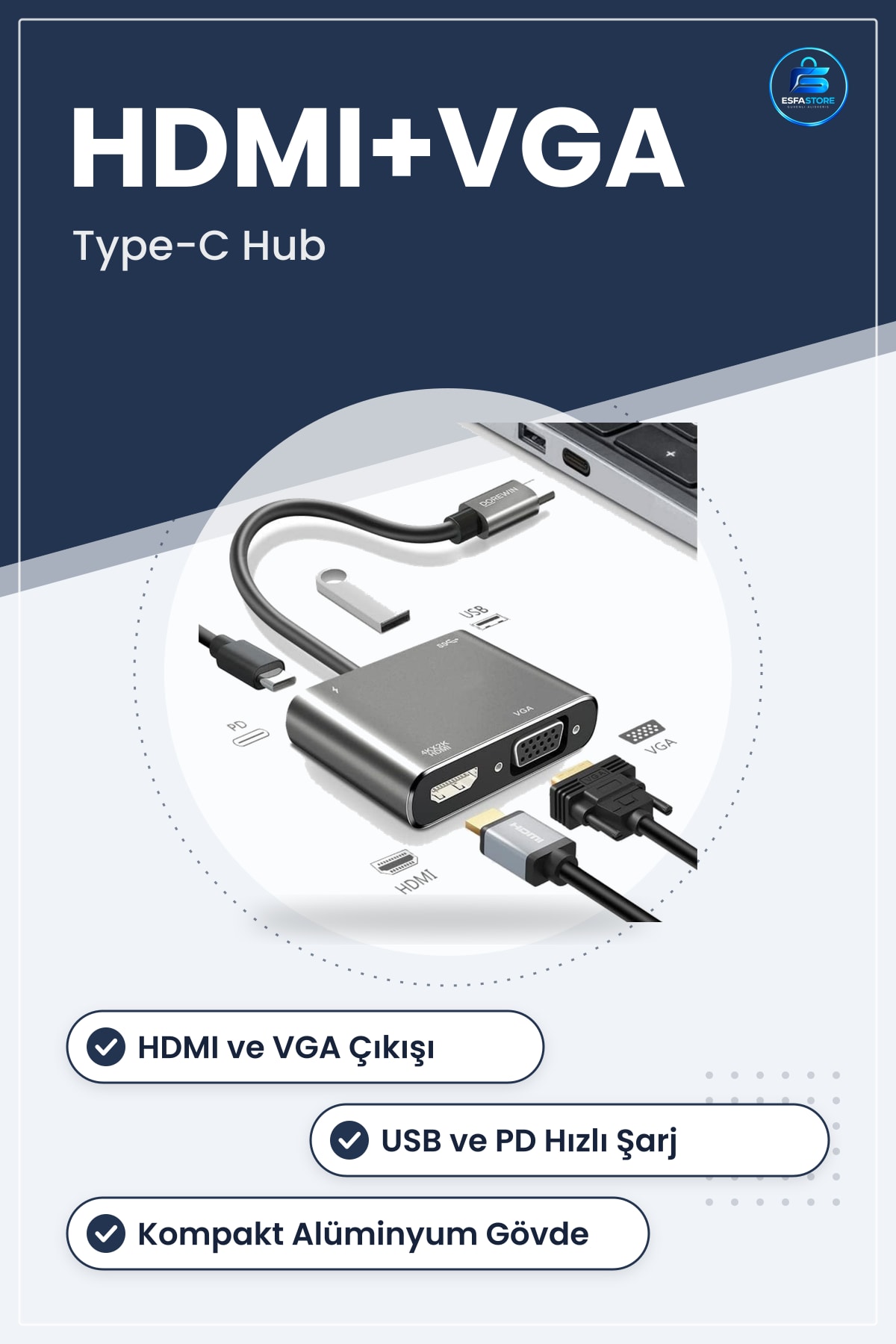 Type C Çoklu Bağlantı Hub Adaptör HDMI VGA USB PD Hızlı Şarj Dönüştürücü Kompakt Taşınabilir