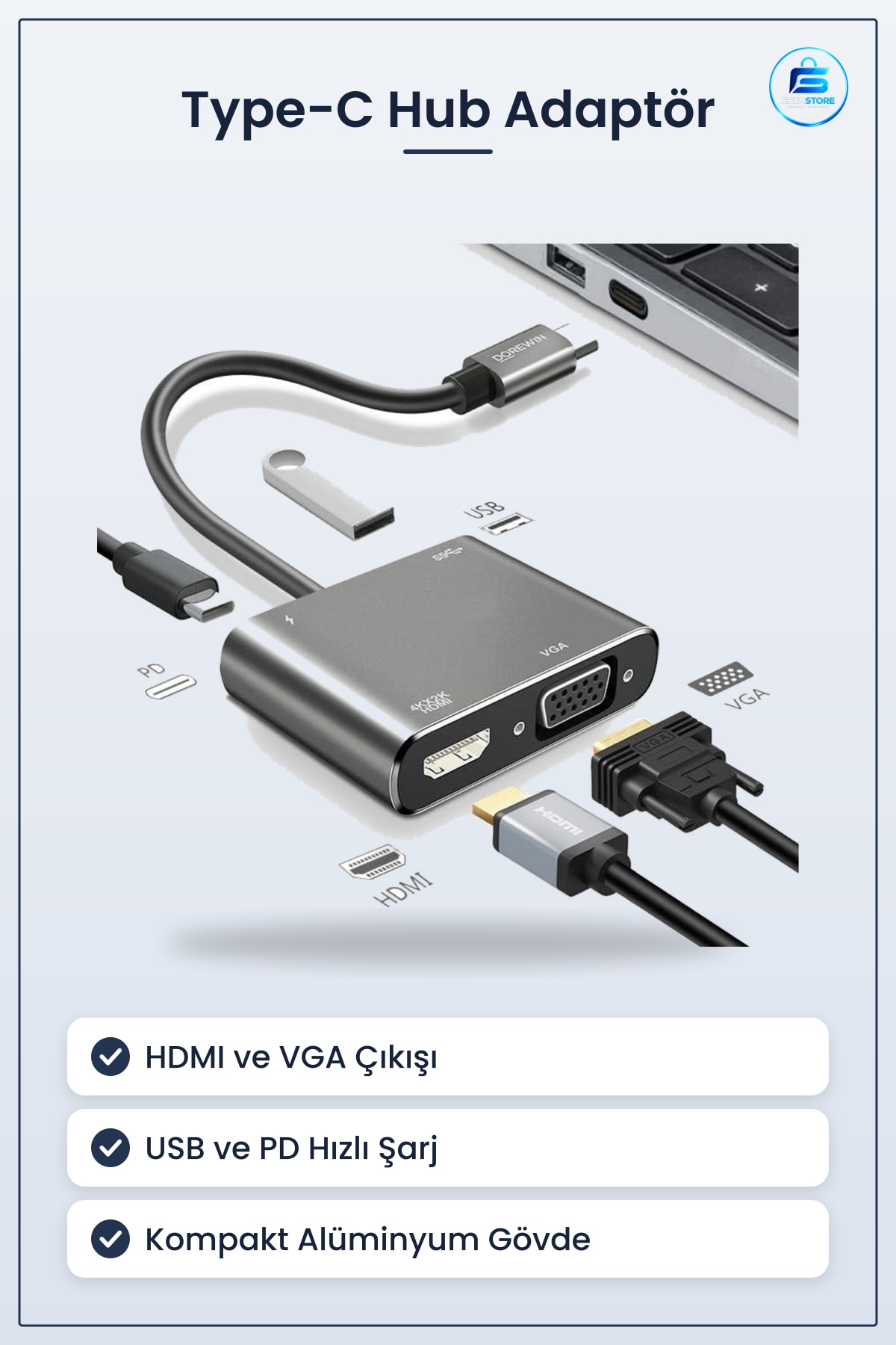 Type C Çoklu Bağlantı Hub Adaptör HDMI VGA USB PD Hızlı Şarj Dönüştürücü Kompakt Taşınabilir