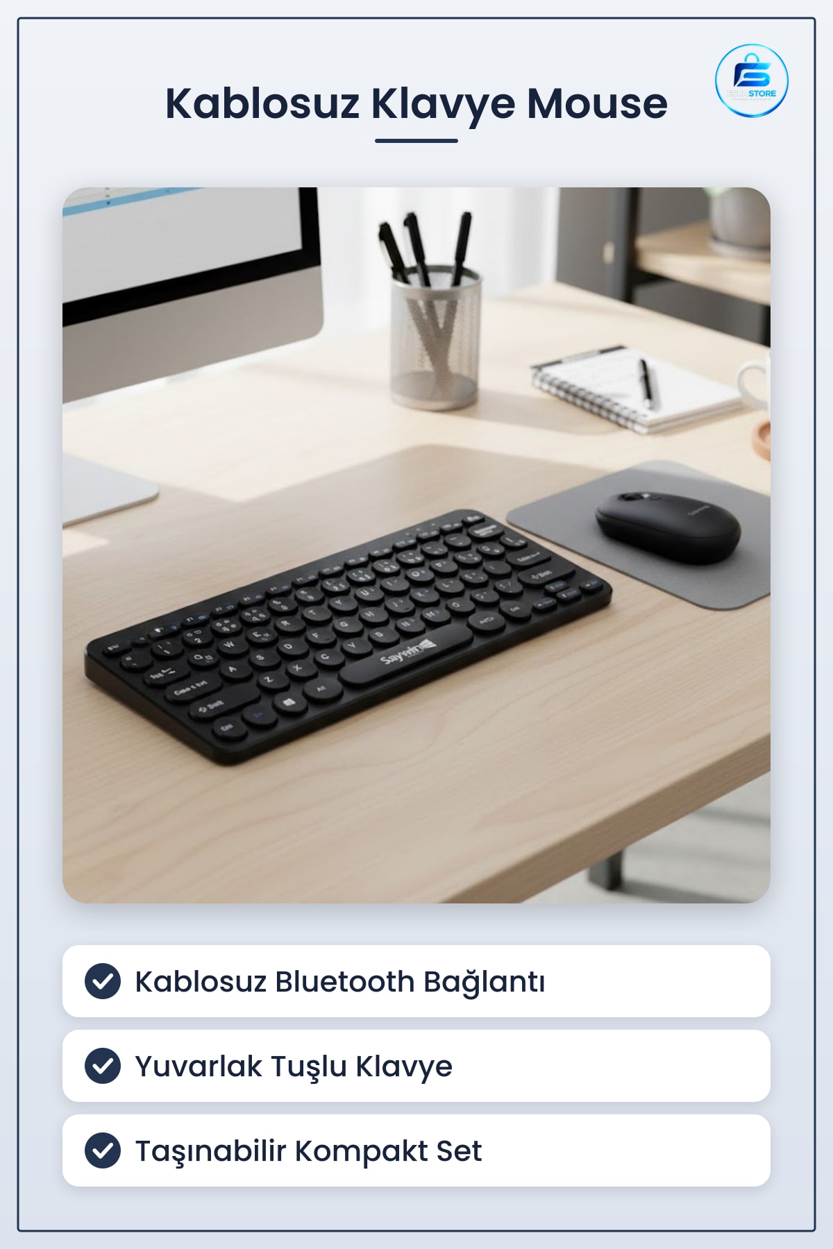 Kablosuz Bluetooth Klavye Mouse Seti Yuvarlak Tuşlu Türkçe Q Dizilim Taşınabilir Ev ve Ofis İçin