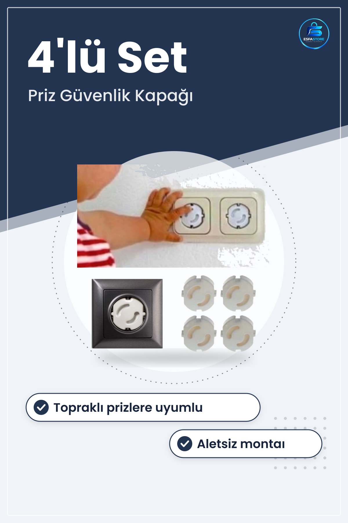 Çocuk Güvenlik Priz Kapağı Seti Topraklı Prizlere Uyumlu Aletsiz Montaj Dayanıklı Plastik Pratik