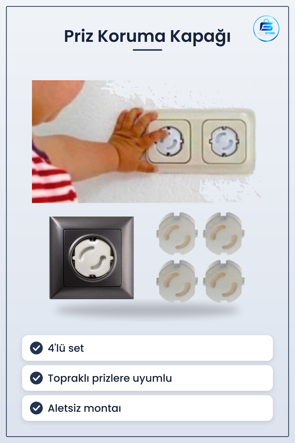 Çocuk Güvenlik Priz Kapağı Seti Topraklı Prizlere Uyumlu Aletsiz Montaj Dayanıklı Plastik Pratik