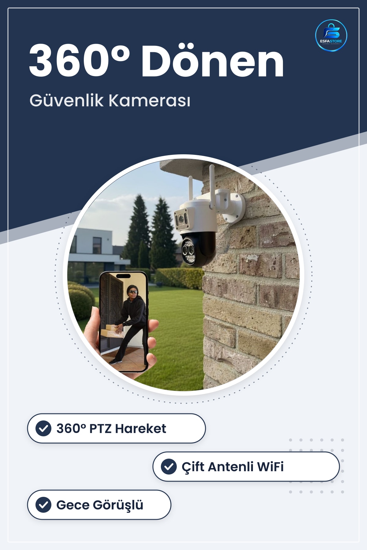 Akıllı Güvenlik Kamerası PTZ Hareketli Çift Antenli WiFi IP Gece Görüşlü Dış Mekan Dayanıklı