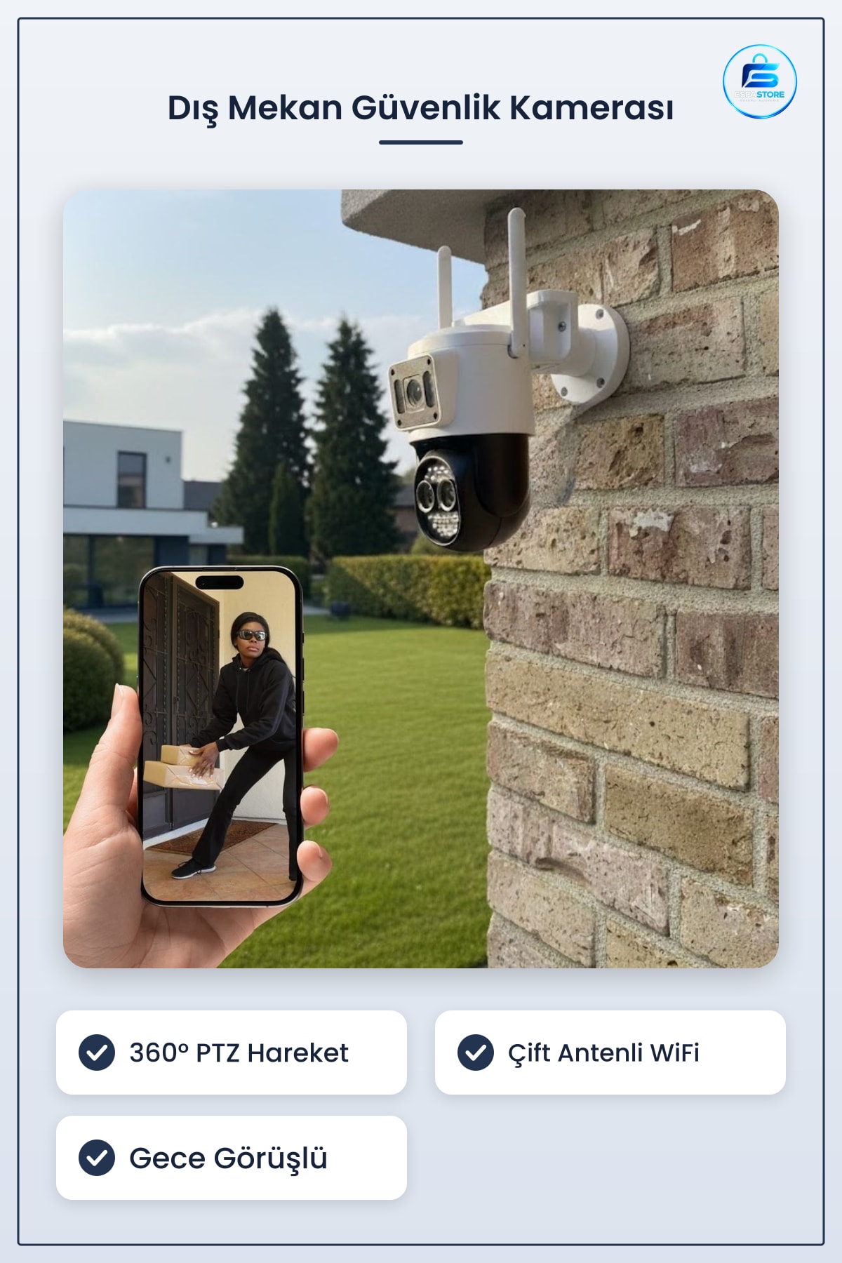 Akıllı Güvenlik Kamerası PTZ Hareketli Çift Antenli WiFi IP Gece Görüşlü Dış Mekan Dayanıklı