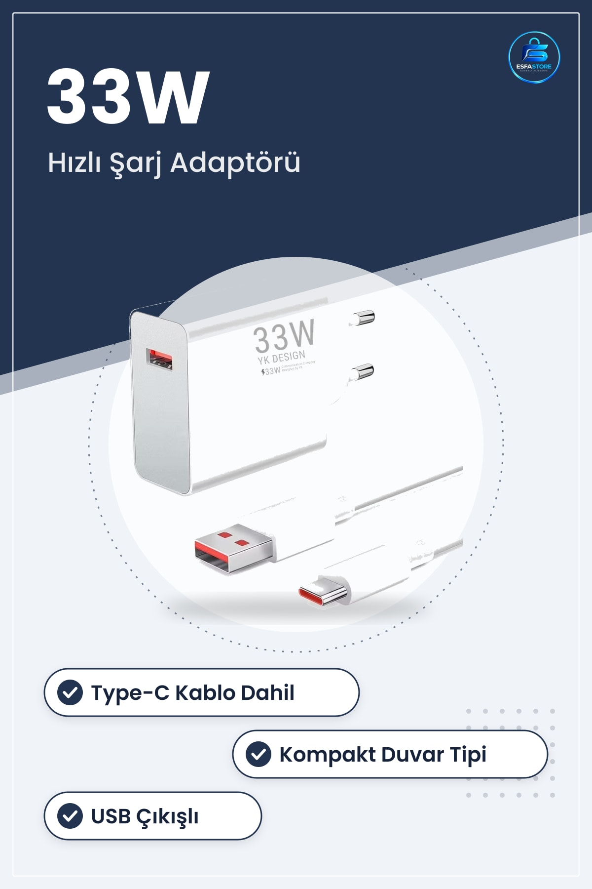 Hızlı Adaptör Type-C Kablolu USB Çıkışlı Akıllı Duvar Tipi Telefon Tablet Şarj Cihazı