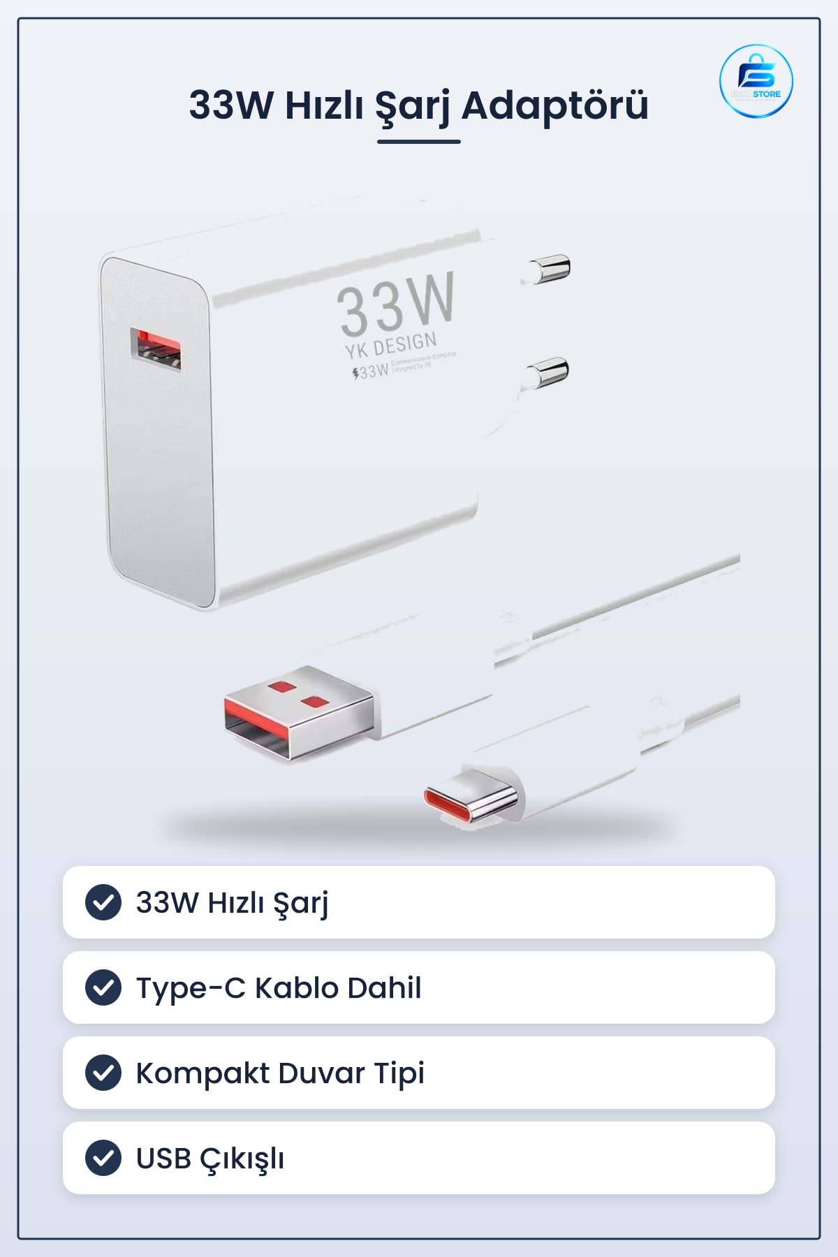 Hızlı Adaptör Type-C Kablolu USB Çıkışlı Akıllı Duvar Tipi Telefon Tablet Şarj Cihazı
