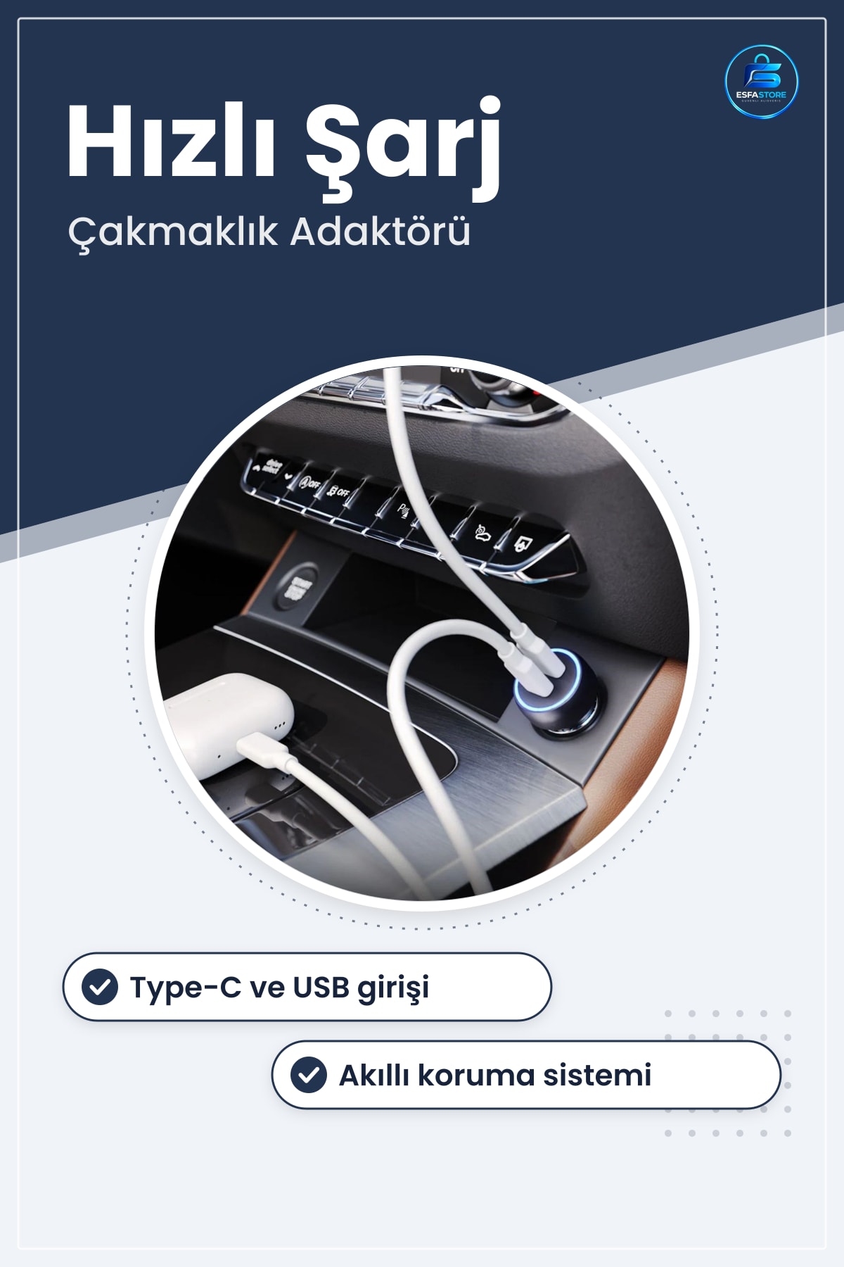 Araç İçi Çakmaklık Adaptörü Type-C USB Girişli Hızlı Şarj Destekli Akıllı Koruma Kompakt Tasarım