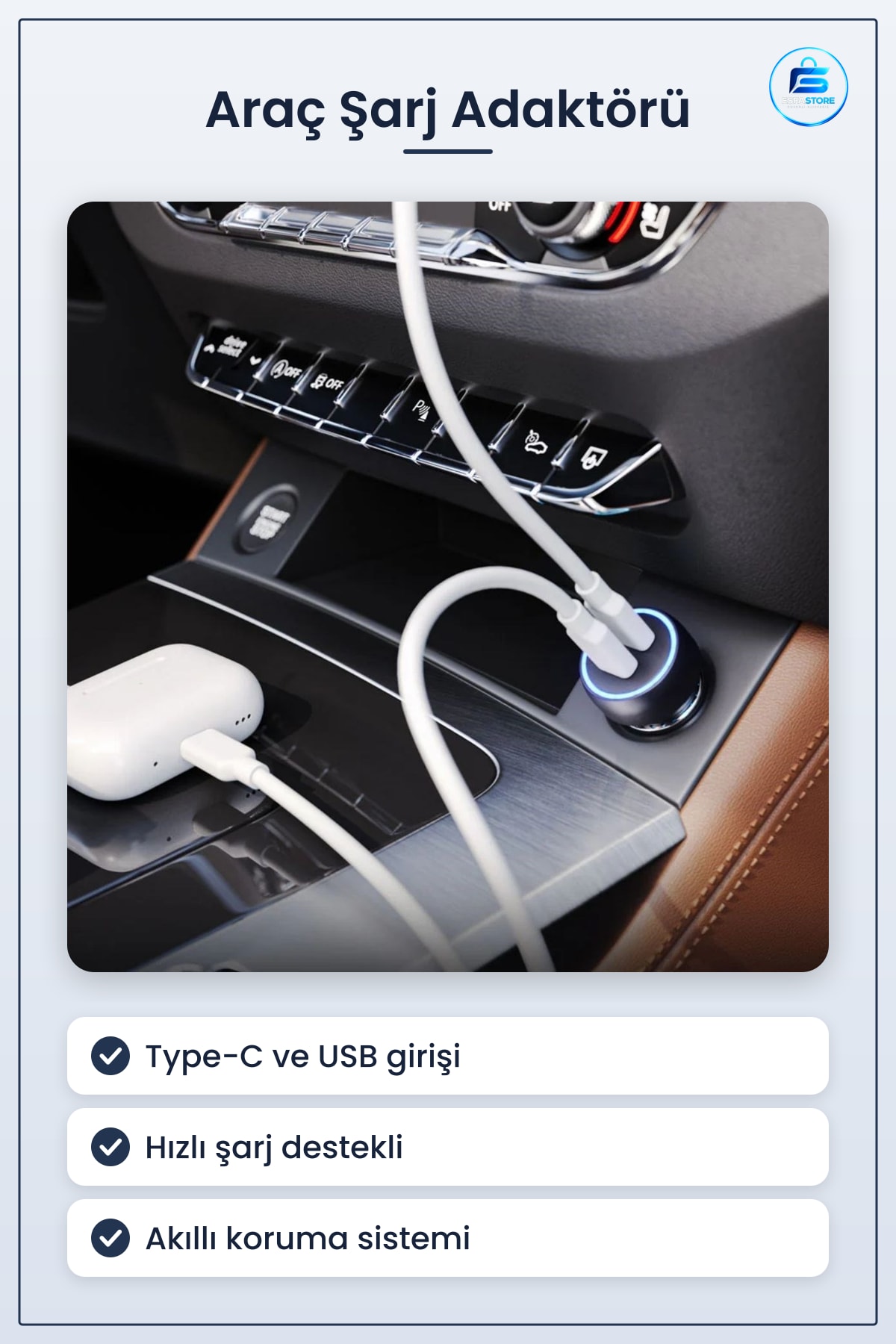 Araç İçi Çakmaklık Adaptörü Type-C USB Girişli Hızlı Şarj Destekli Akıllı Koruma Kompakt Tasarım