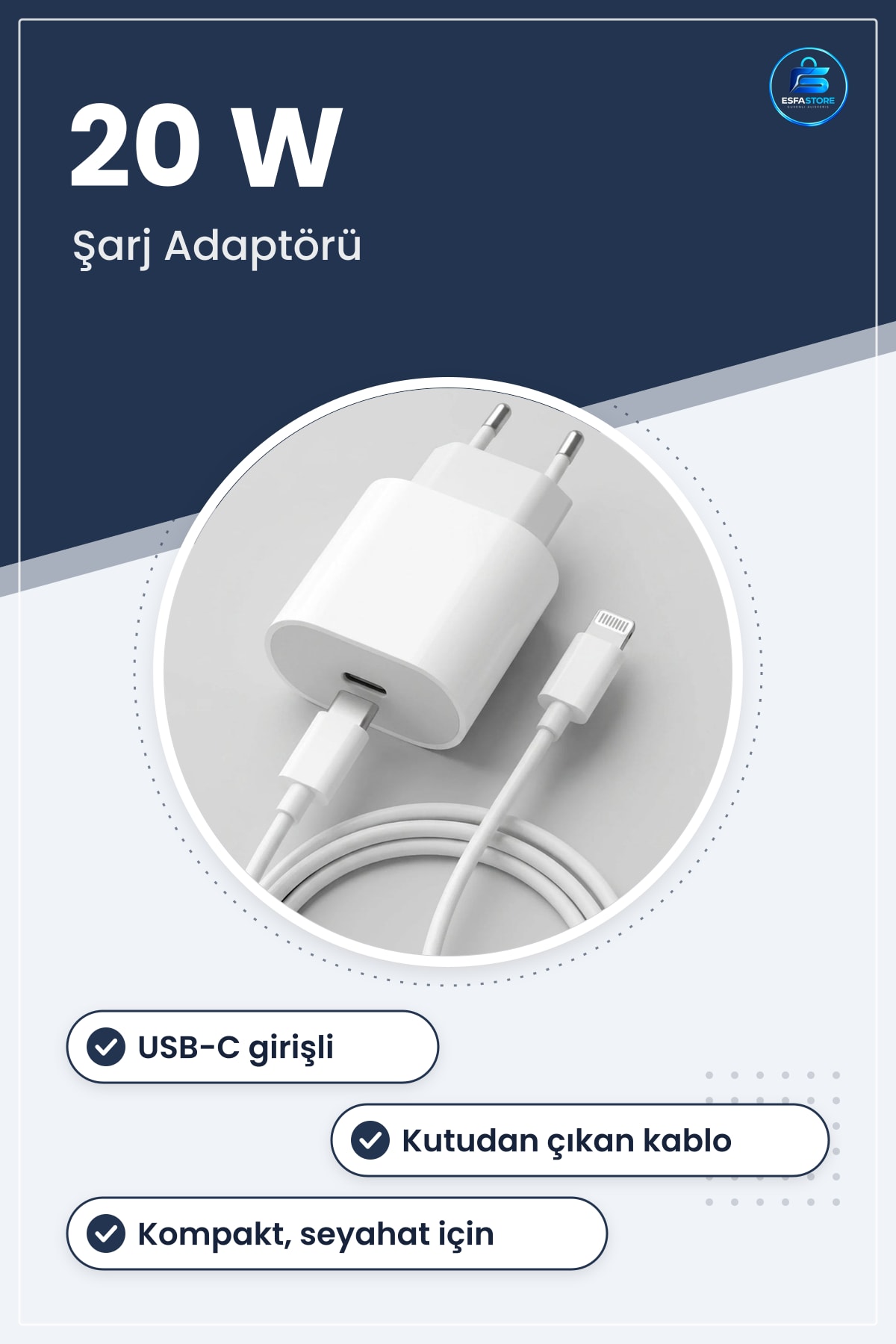 Lightning Kablolu Hızlı Şarj Adaptörü USB C Girişli PD Destekli Kompakt Taşınabilir Seyahat Cihazı