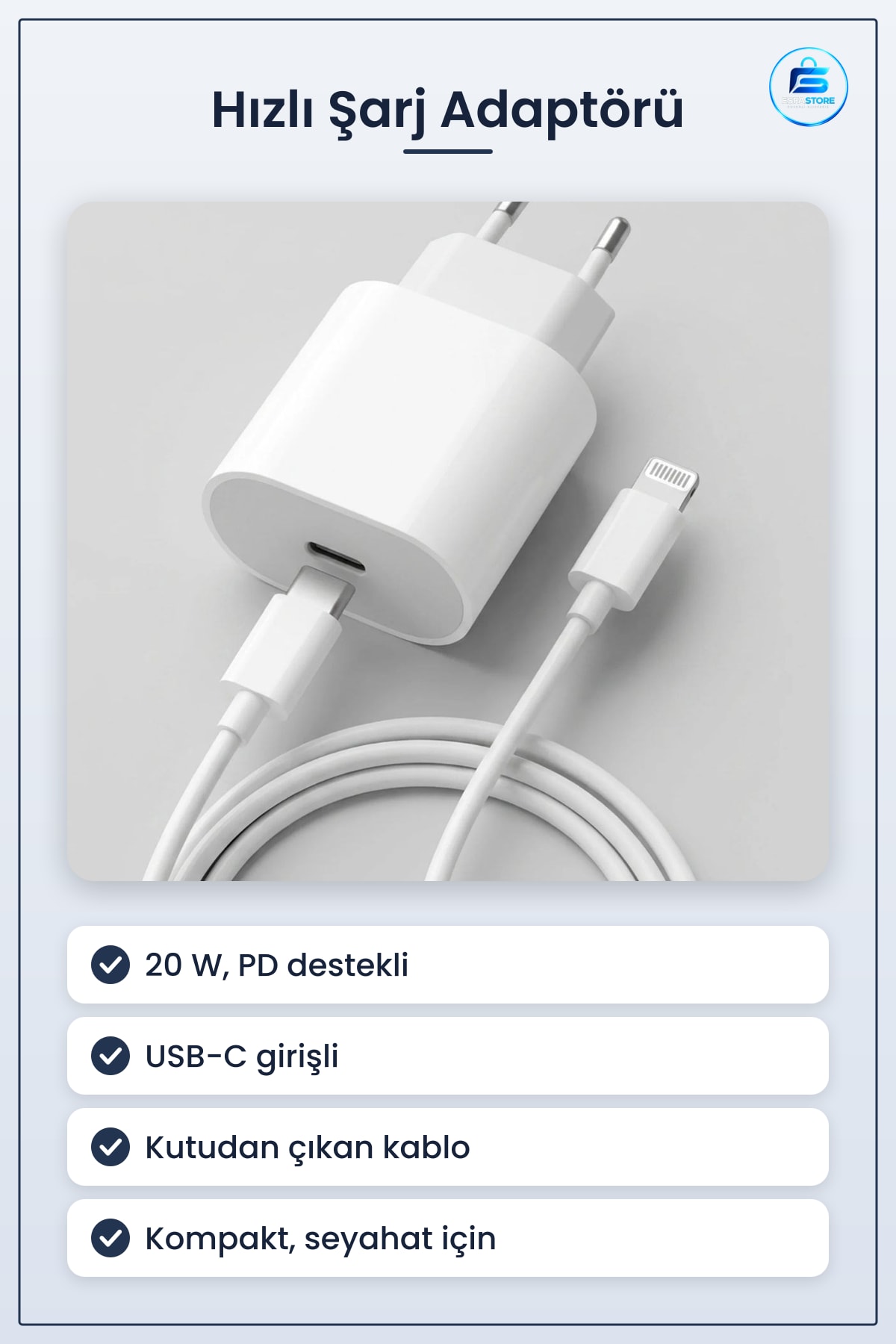 Lightning Kablolu Hızlı Şarj Adaptörü USB C Girişli PD Destekli Kompakt Taşınabilir Seyahat Cihazı