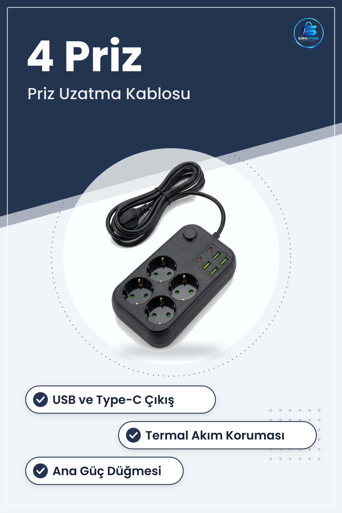 Çoklu Priz Uzatma Kablosu USB Type C Girişli Termal Akım Korumalı Isıya Dayanıklı Çocuk Güvenli