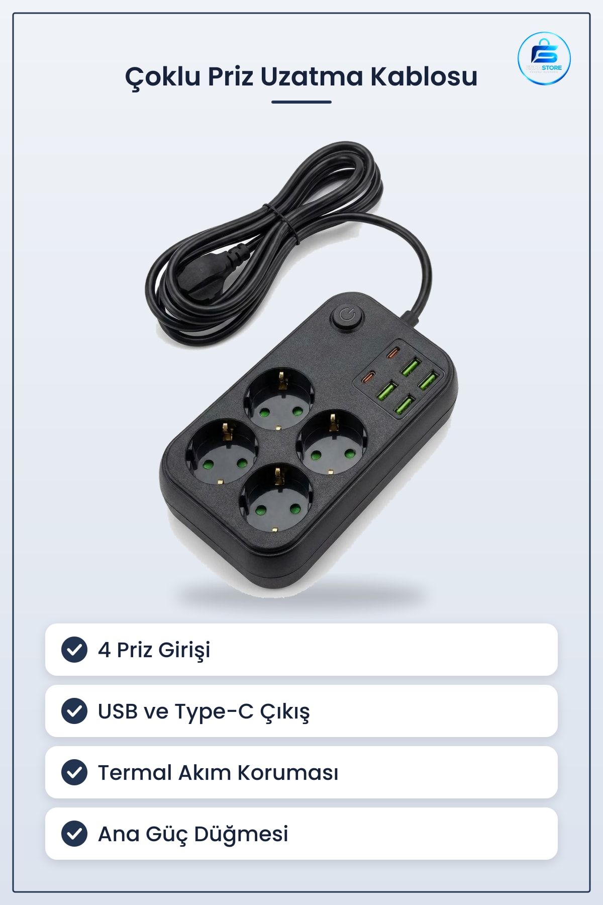 Çoklu Priz Uzatma Kablosu USB Type C Girişli Termal Akım Korumalı Isıya Dayanıklı Çocuk Güvenli