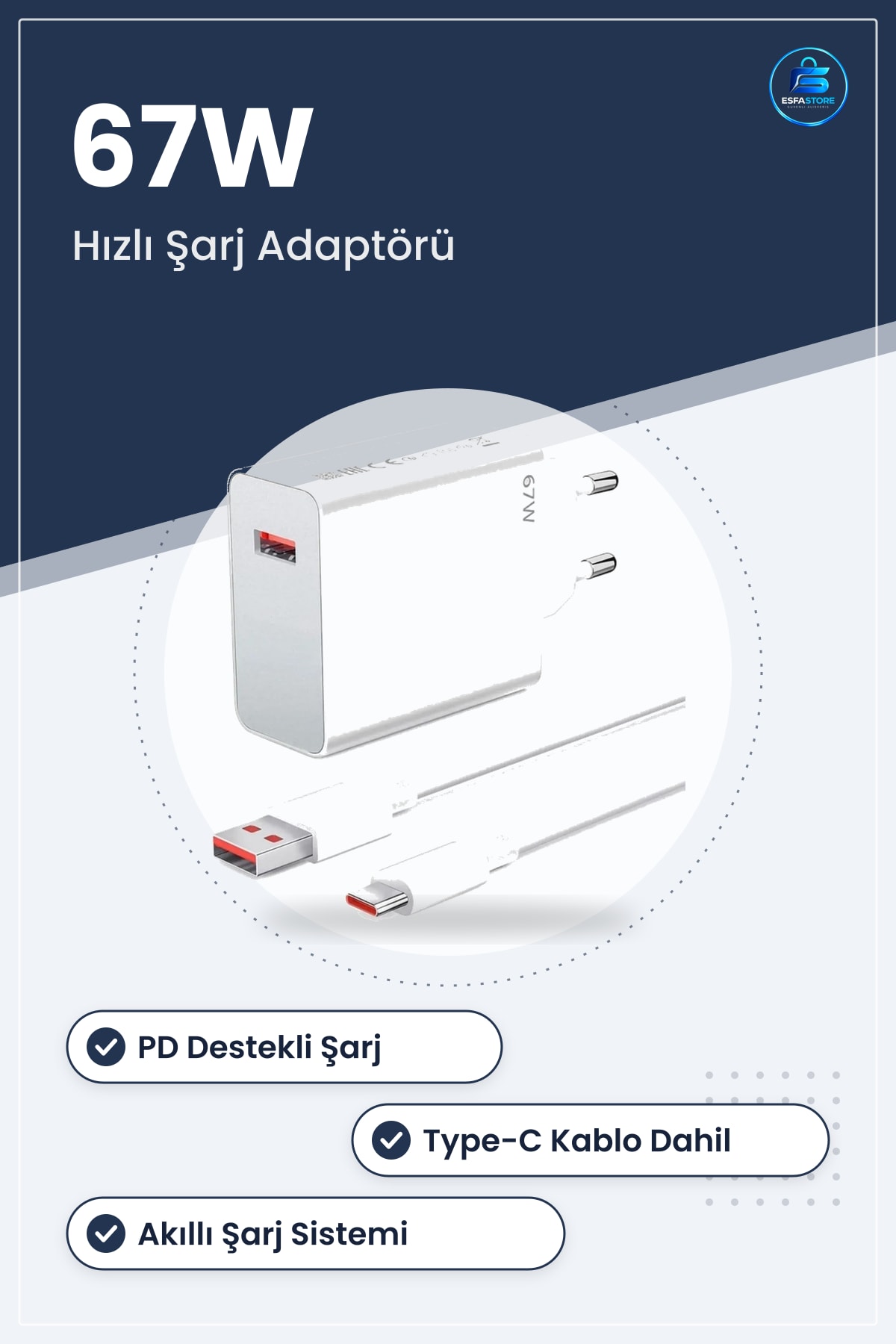 Hızlı Şarj Adaptörü USB Type C PD Destekli Akıllı Kompakt Güvenli Güç Pratik Dayanıklı Başlığı