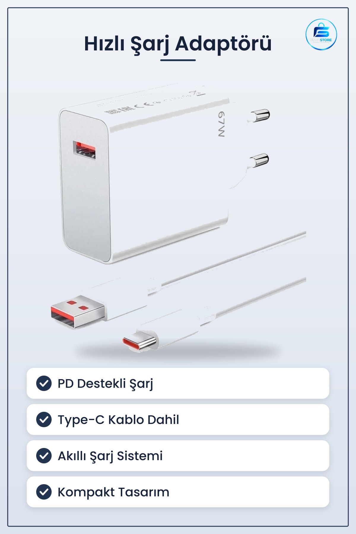 Hızlı Şarj Adaptörü USB Type C PD Destekli Akıllı Kompakt Güvenli Güç Pratik Dayanıklı Başlığı