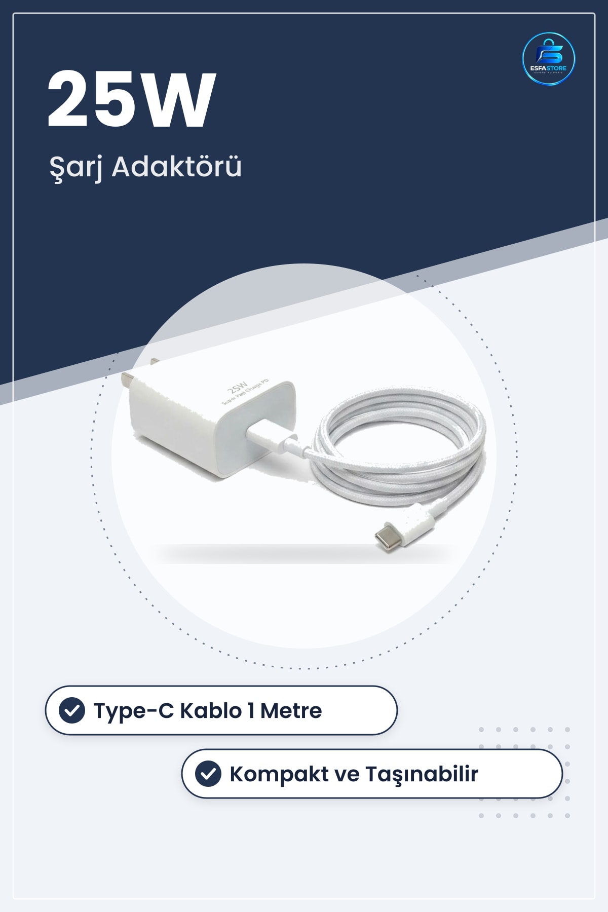 Hızlı Şarj Adaptörü Type C Kablolu Power Delivery Destekli Kompakt Taşınabilir Pratik