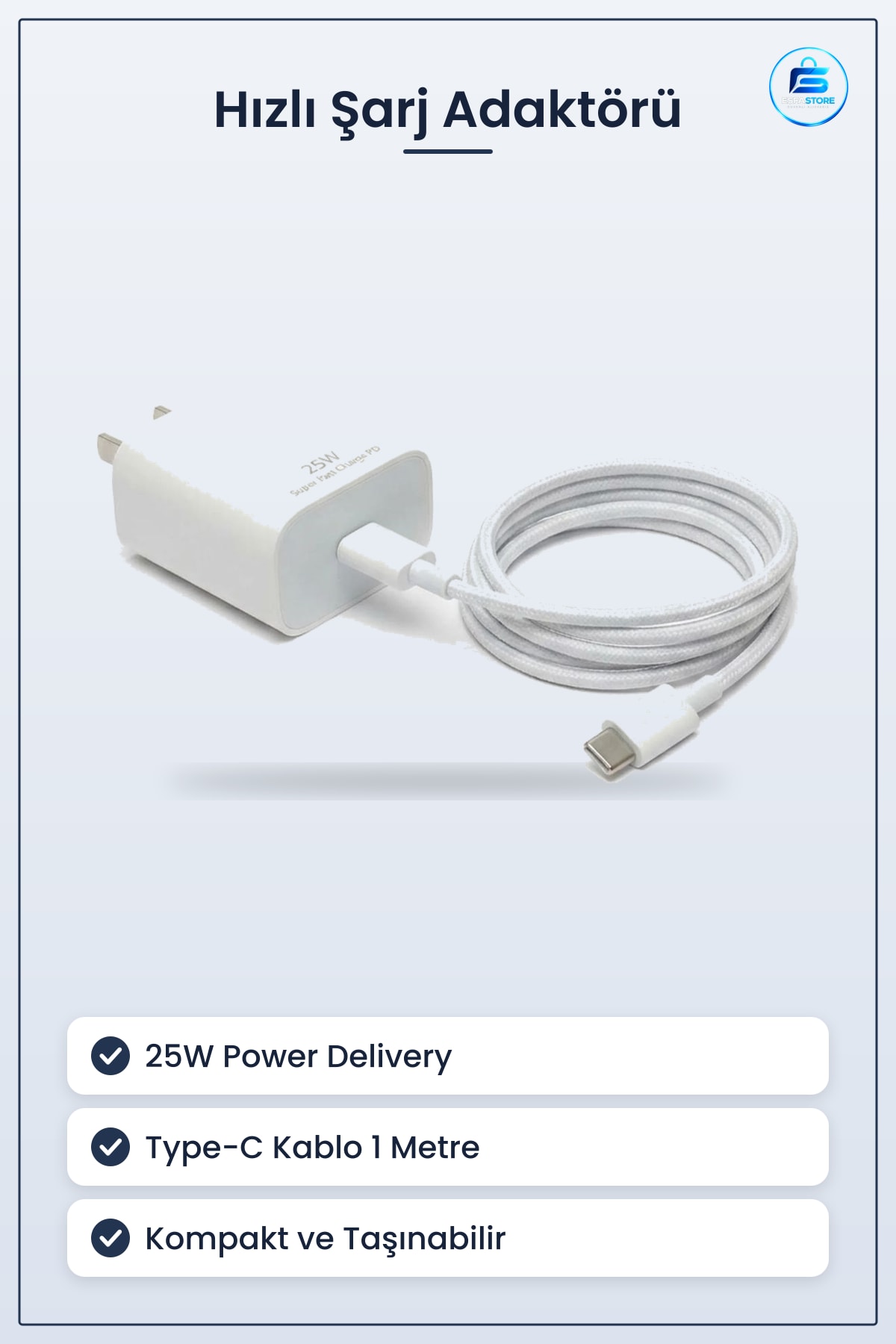 Hızlı Şarj Adaptörü Type C Kablolu Power Delivery Destekli Kompakt Taşınabilir Pratik