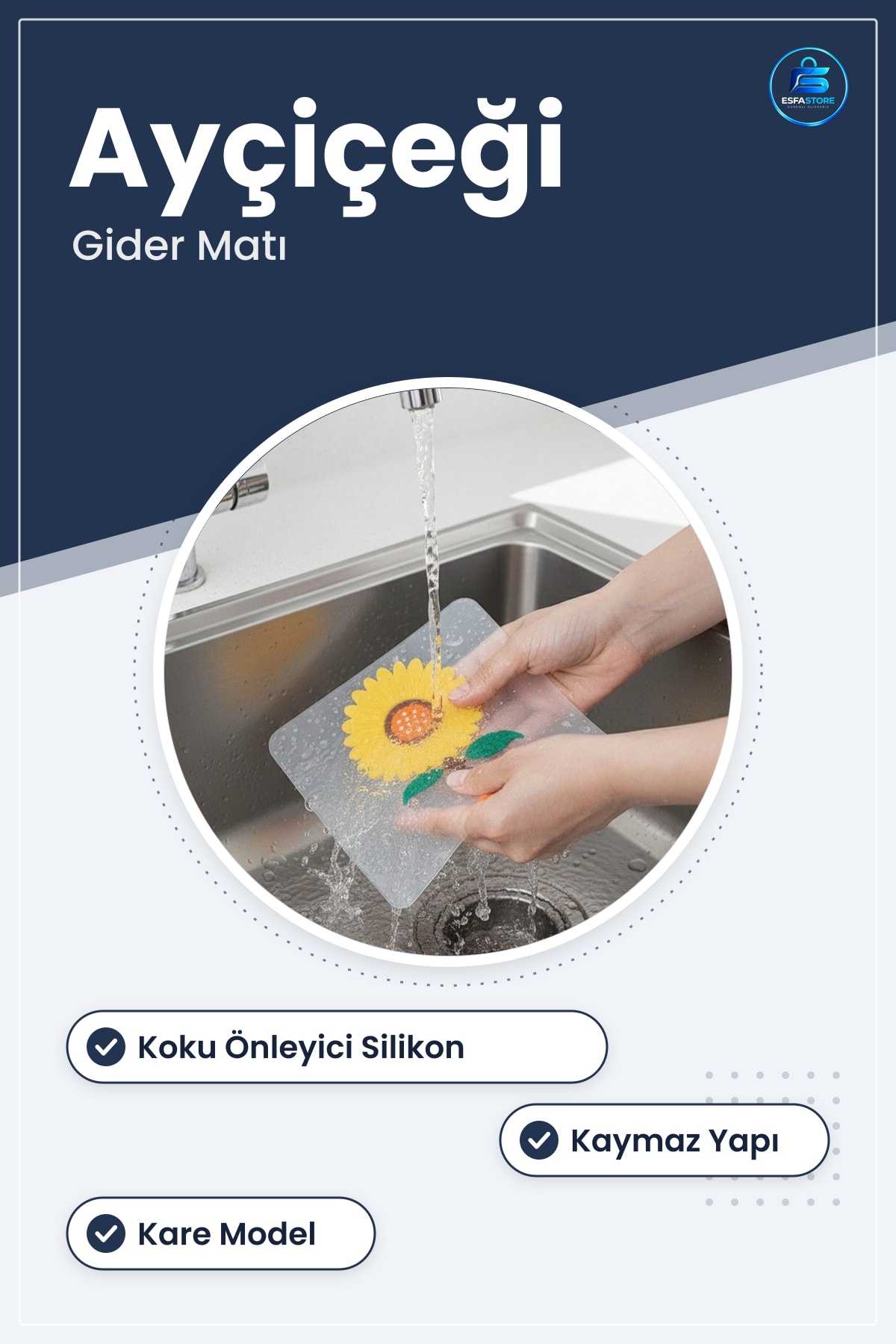 Ayçiçeği Desenli Silikon Lavabo Gider Matı Koku Önleyici Kaymaz Kare Mutfak Banyo Kullanımı
