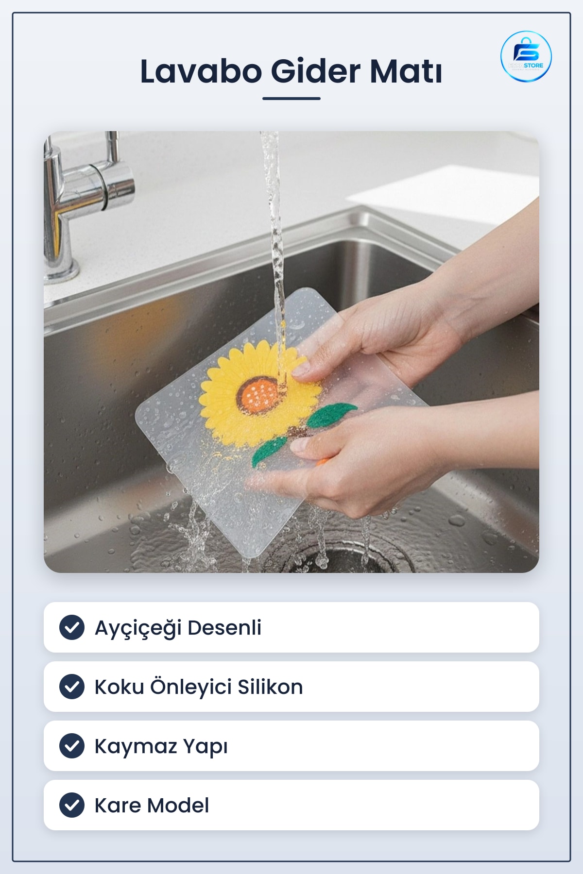 Ayçiçeği Desenli Silikon Lavabo Gider Matı Koku Önleyici Kaymaz Kare Mutfak Banyo Kullanımı
