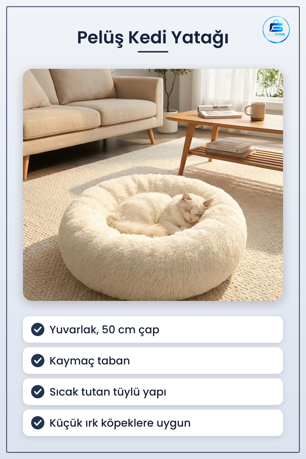 Yuvarlak Yumuşak Pelüş Kedi Köpek Yatağı Kaymaz Tabanlı Tüylü Sıcak Tutan Uyku Minderi Pratik