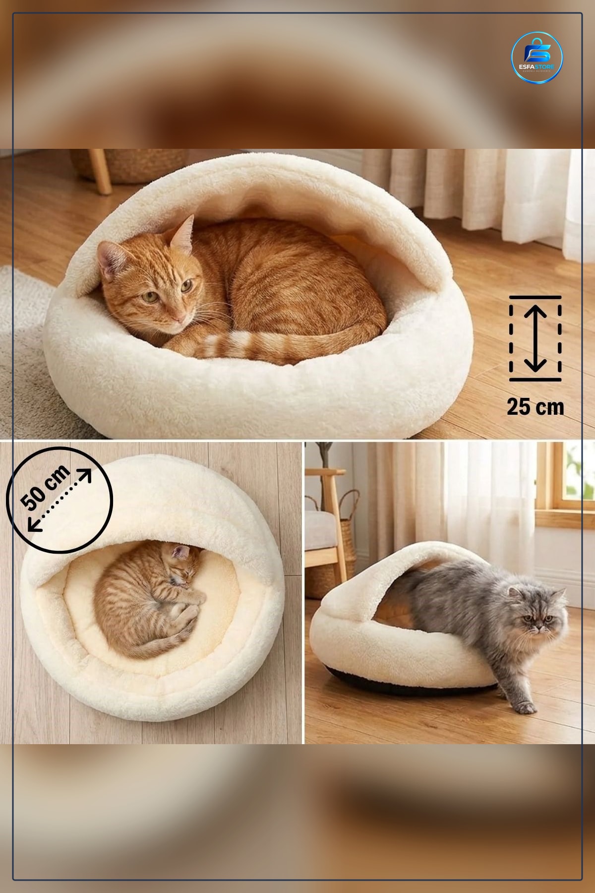 Kedi ve Köpek Yatağı Yarı Açık Yuvarlak Peluş Mağara Tipi Kaymaz Taban Pet Pufu Uyku Minderi