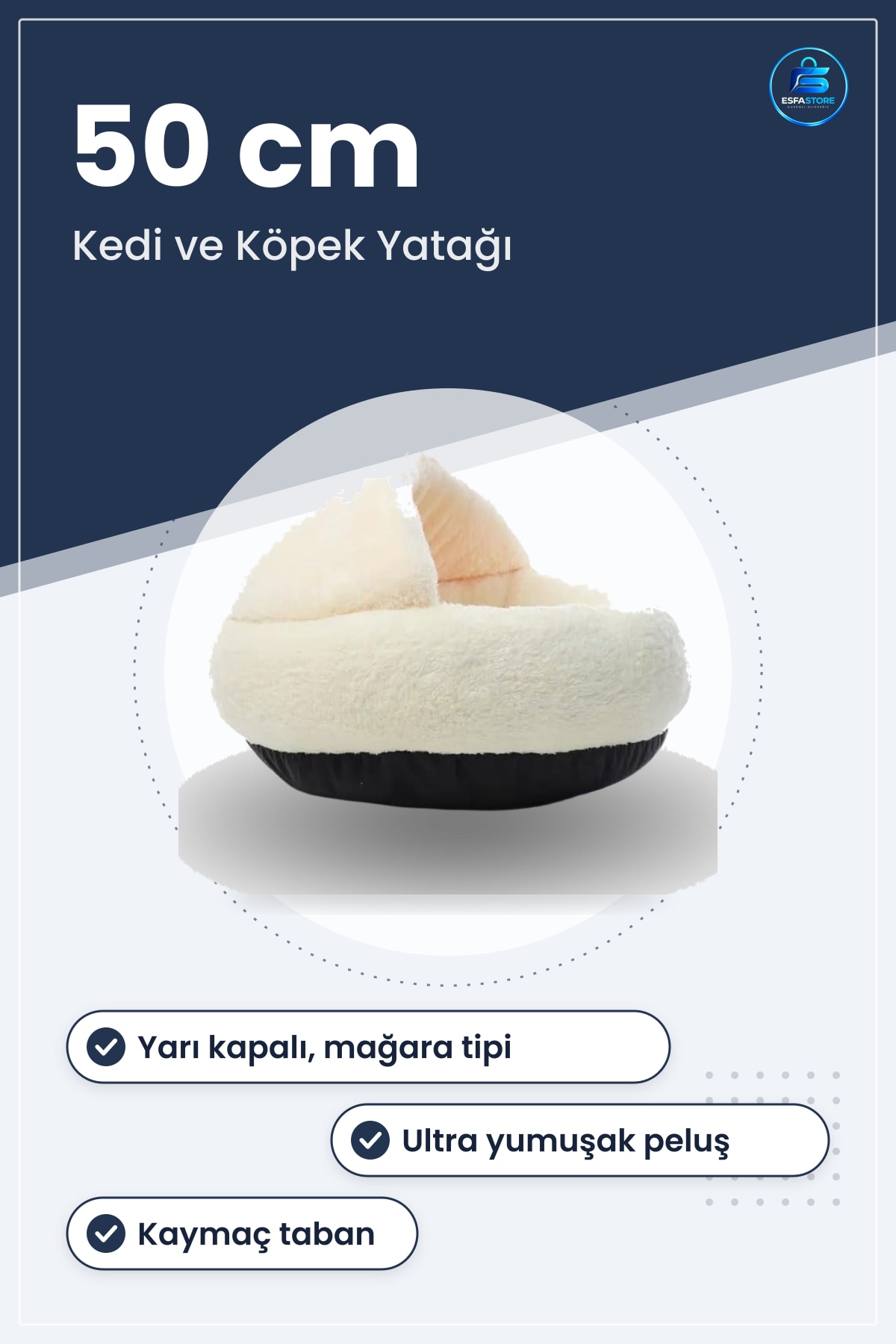 Kedi ve Köpek Yatağı Yarı Açık Yuvarlak Peluş Mağara Tipi Kaymaz Taban Pet Pufu Uyku Minderi