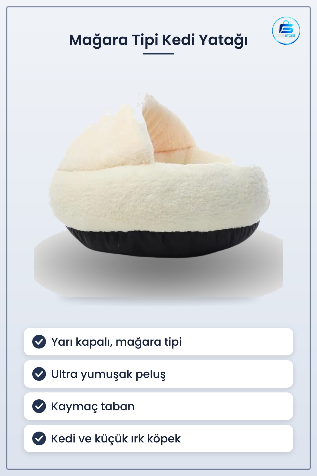 Kedi ve Köpek Yatağı Yarı Açık Yuvarlak Peluş Mağara Tipi Kaymaz Taban Pet Pufu Uyku Minderi