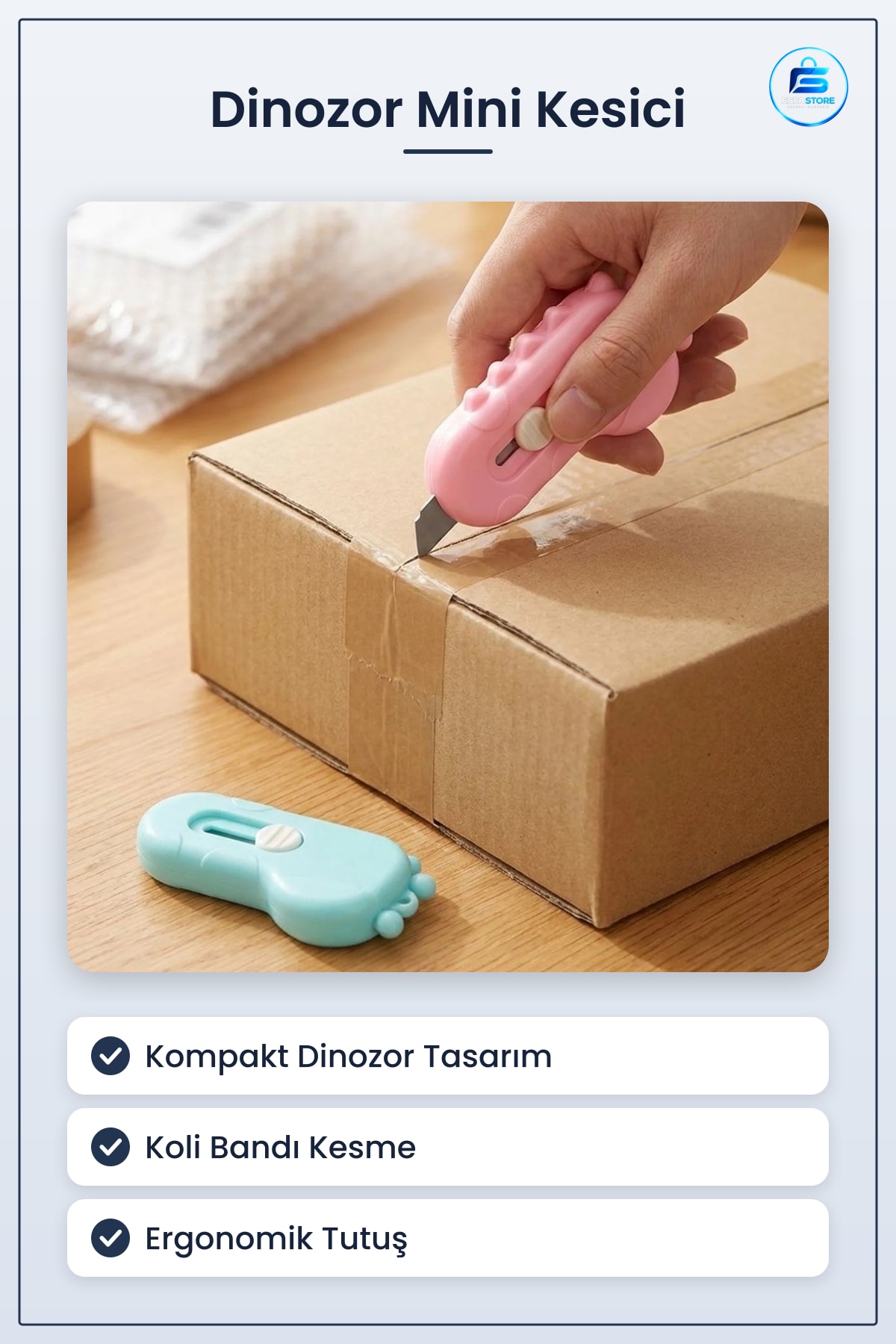 Dinozor Tasarımlı Mini Makas ve Falçata Seti Pratik Kargo Paket Açıcı Aparat Kesici Hediyelik