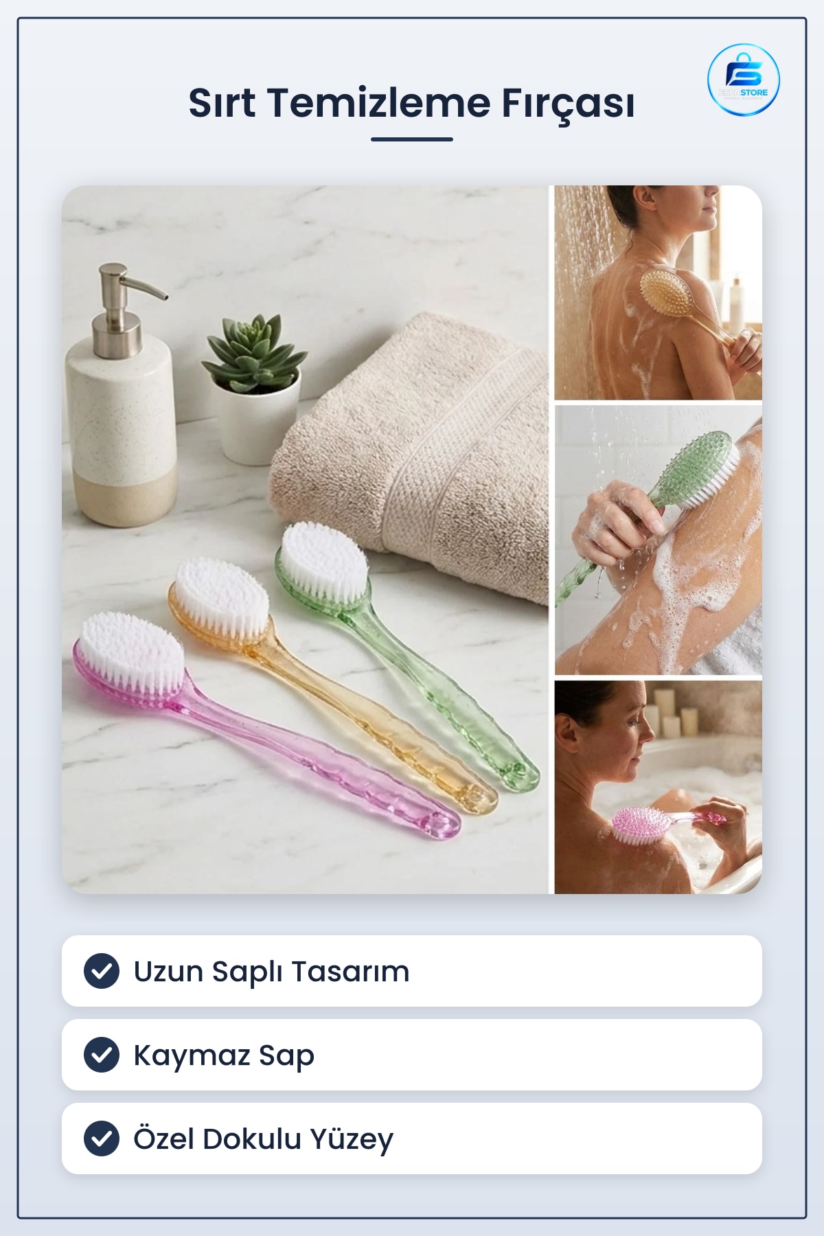 Uzun Saplı Plastik Vücut Temizleme Fırçası Sırt Banyo Duş Kese Aparatı Ergonomik Pratik Dayanıklı