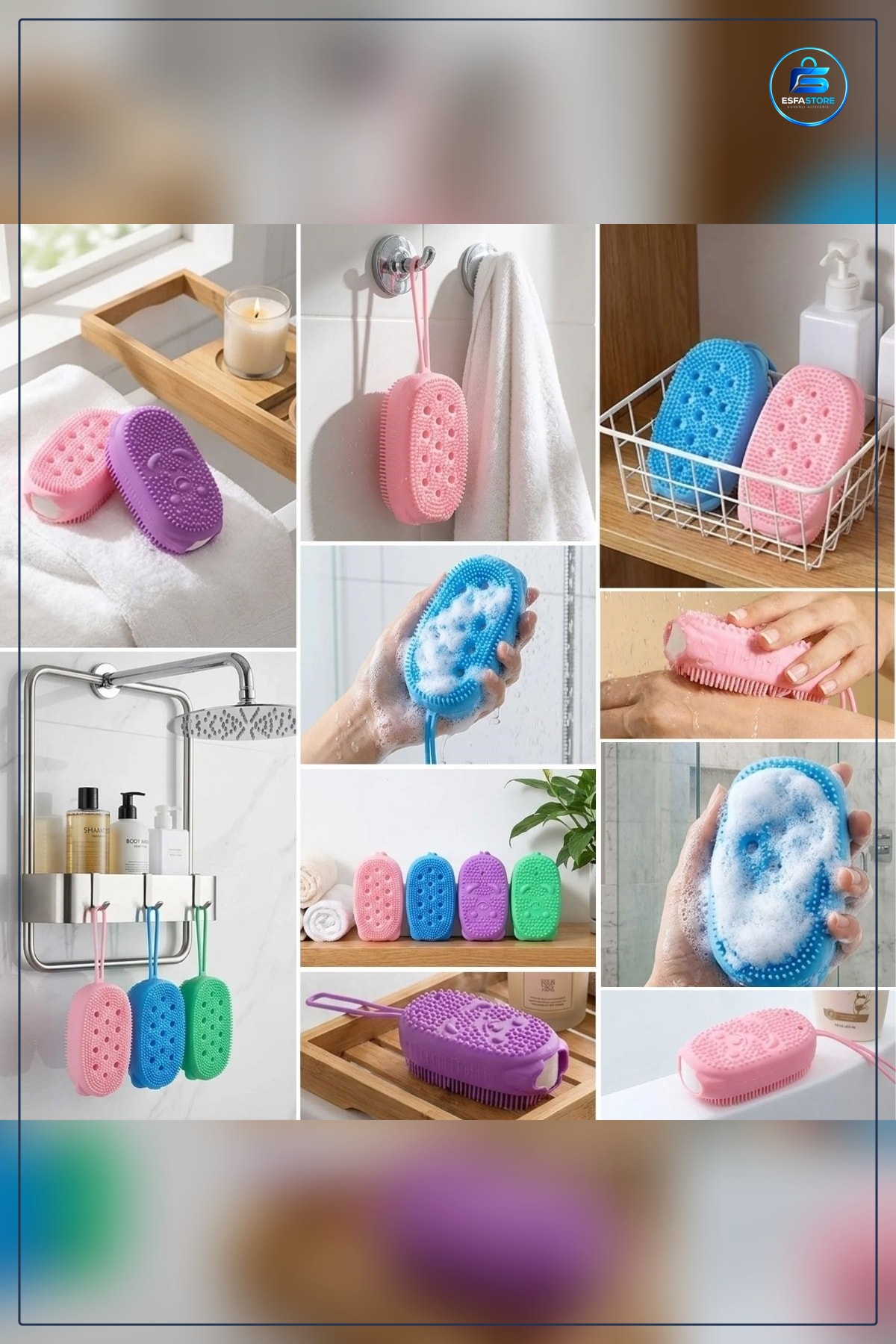 Silikon Banyo Lifi Peeling Etkili Süngerli Duş Kesesi Asma Kancalı Dayanıklı Hijyenik Pratik