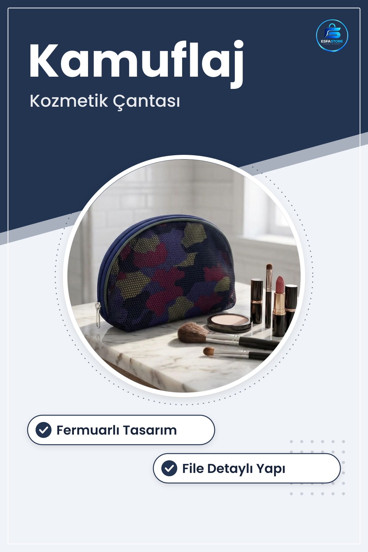 Makyaj Çantası Kamuflaj Desenli File Detaylı Fermuarlı Seyahat Kozmetik Organizer El Kullanışlı