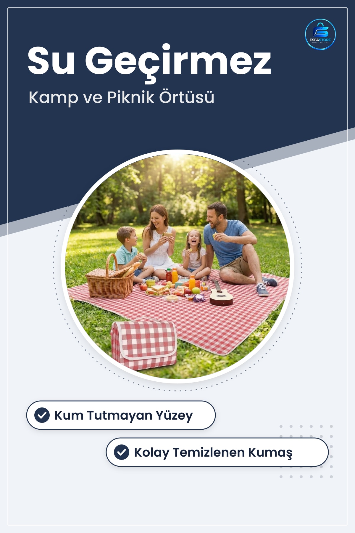 Su Geçirmez Kum Tutmaz Plaj Piknik Örtüsü Katlanabilir Kamp Matı Kare Desenli Dayanıklı Pratik