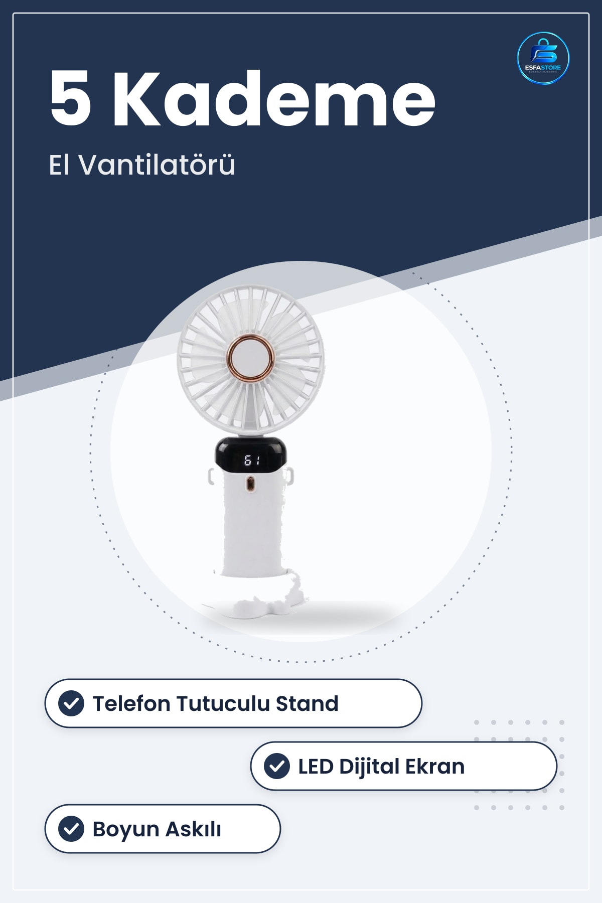 Şarjlı El Vantilatörü Telefon Tutuculu Standlı LED Göstergeli Boyuna Asılabilir Taşınabilir Mini