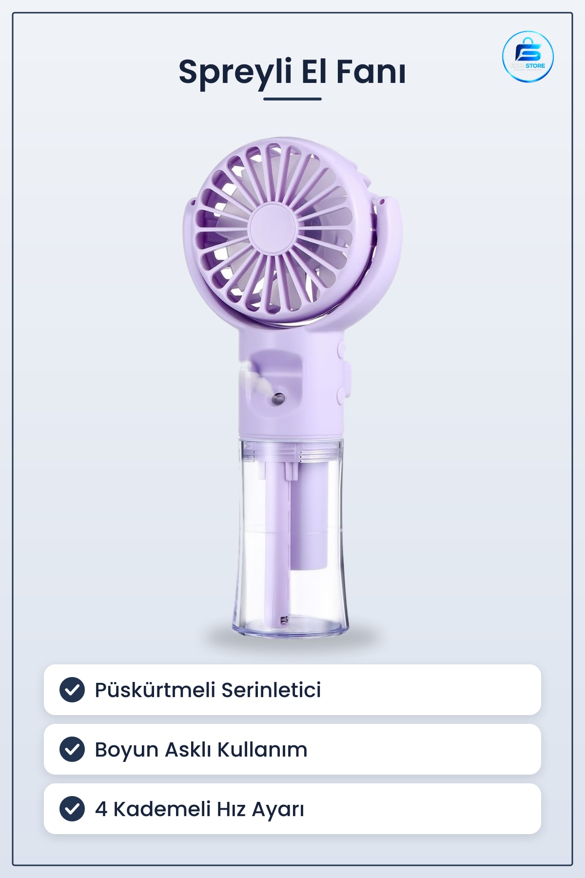 Spreyli El Fanı Boyuna Asılabilir USB Şarjlı Taşınabilir Mini Kademeli Hız Ayarlı Ferahlatıcı