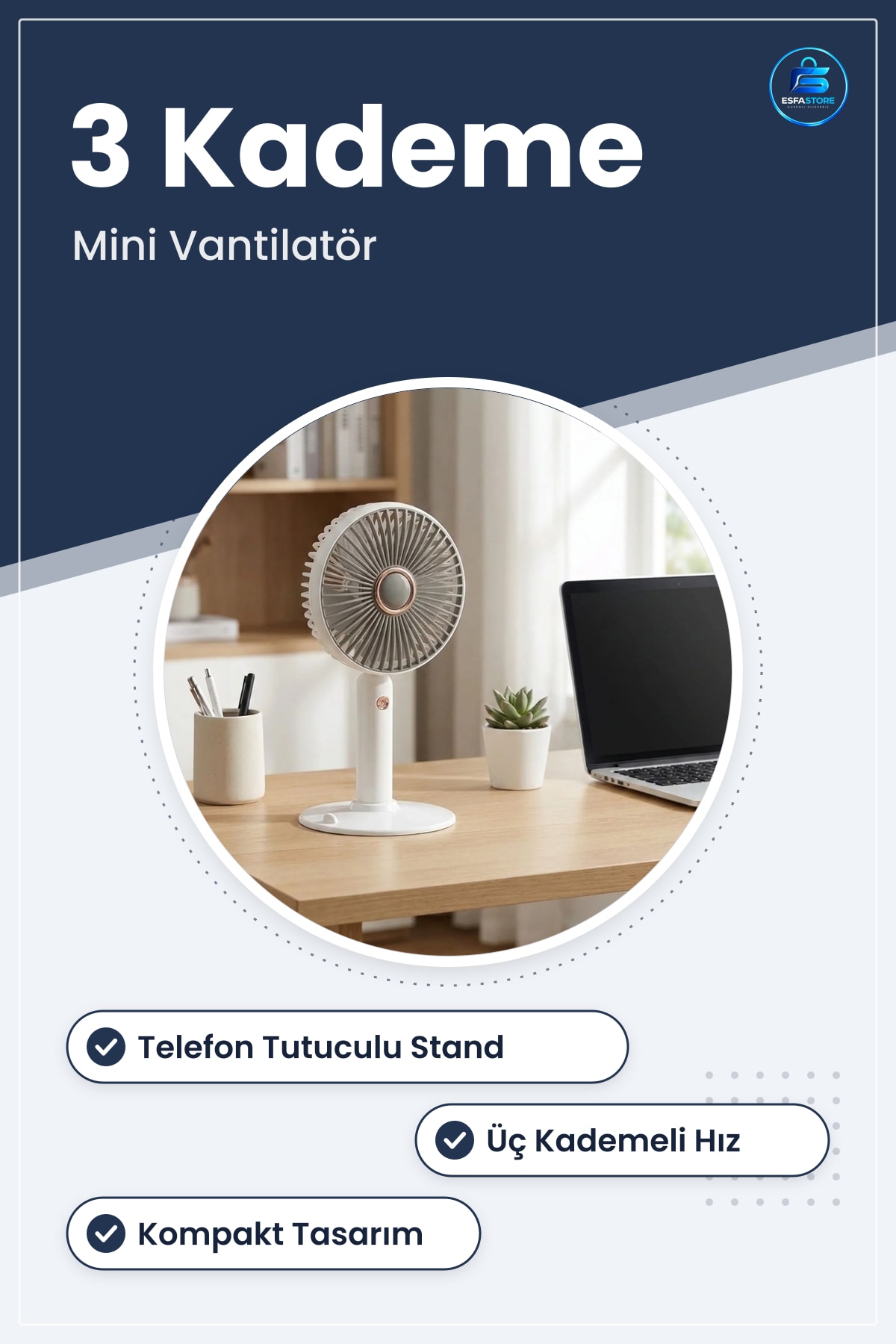 Masaüstü Serinletici Telefon Tutuculu Standlı Taşınabilir Mini Vantilatör Üç Kademeli Hız Kompakt