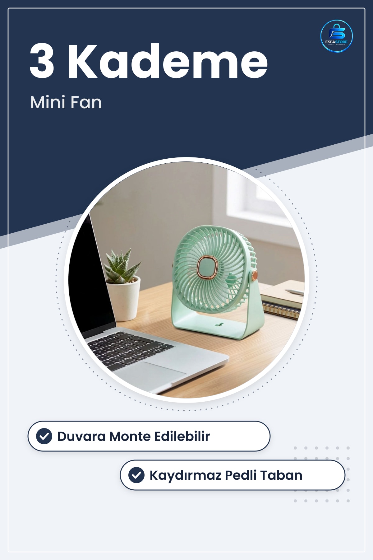 Masaüstü Mini Fan Kademeli Hız Ayarlı Duvara Monte Edilebilir Kaydırmaz Pedli Standlı Taşınabilir