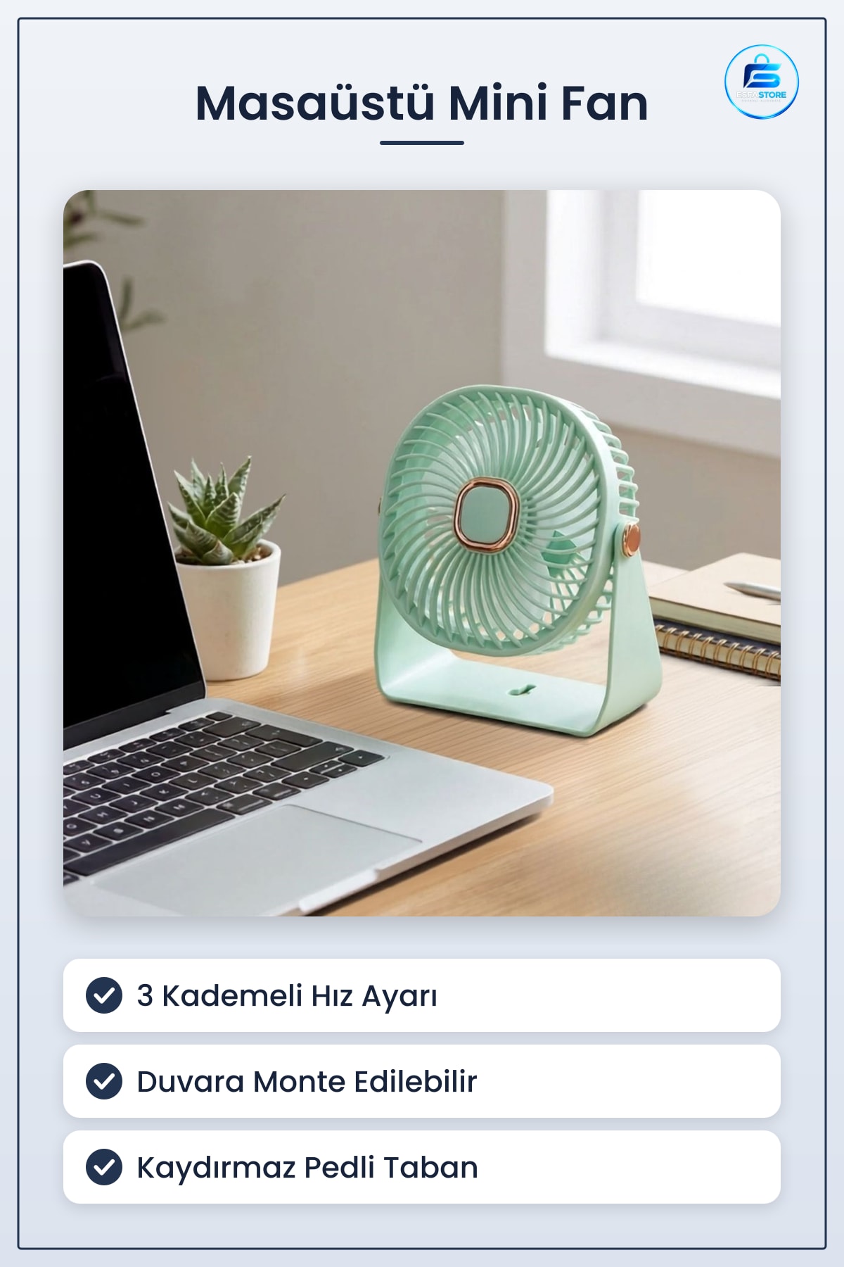 Masaüstü Mini Fan Kademeli Hız Ayarlı Duvara Monte Edilebilir Kaydırmaz Pedli Standlı Taşınabilir