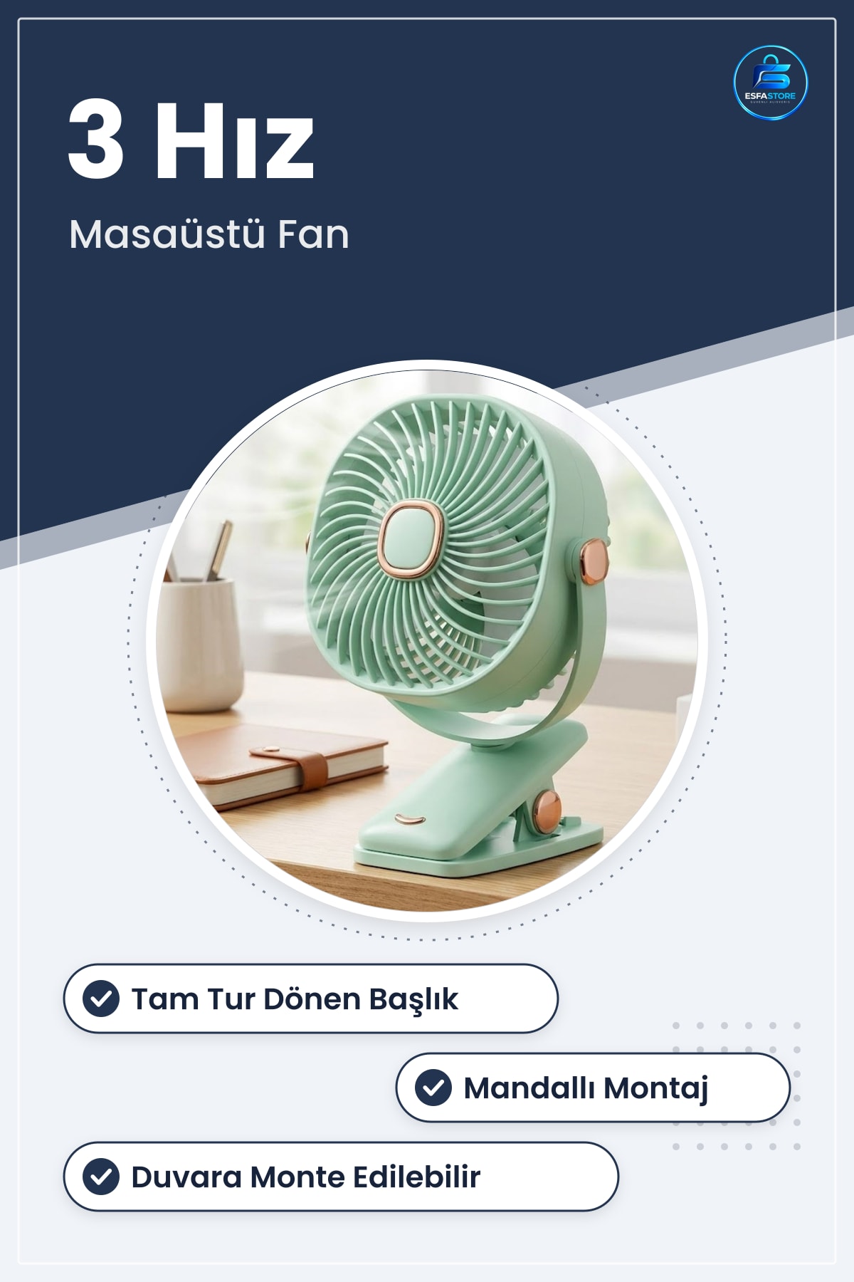 Mini Masaüstü Fan Mandallı Duvara Monte Edilebilir Tam Tur Dönebilen Oynar Başlıklı Hız Ayarlı