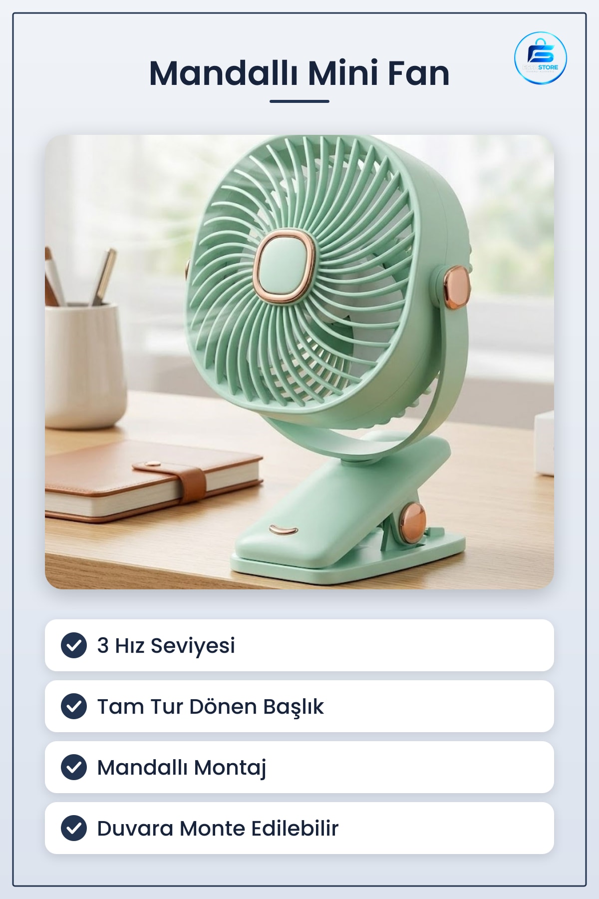 Mini Masaüstü Fan Mandallı Duvara Monte Edilebilir Tam Tur Dönebilen Oynar Başlıklı Hız Ayarlı