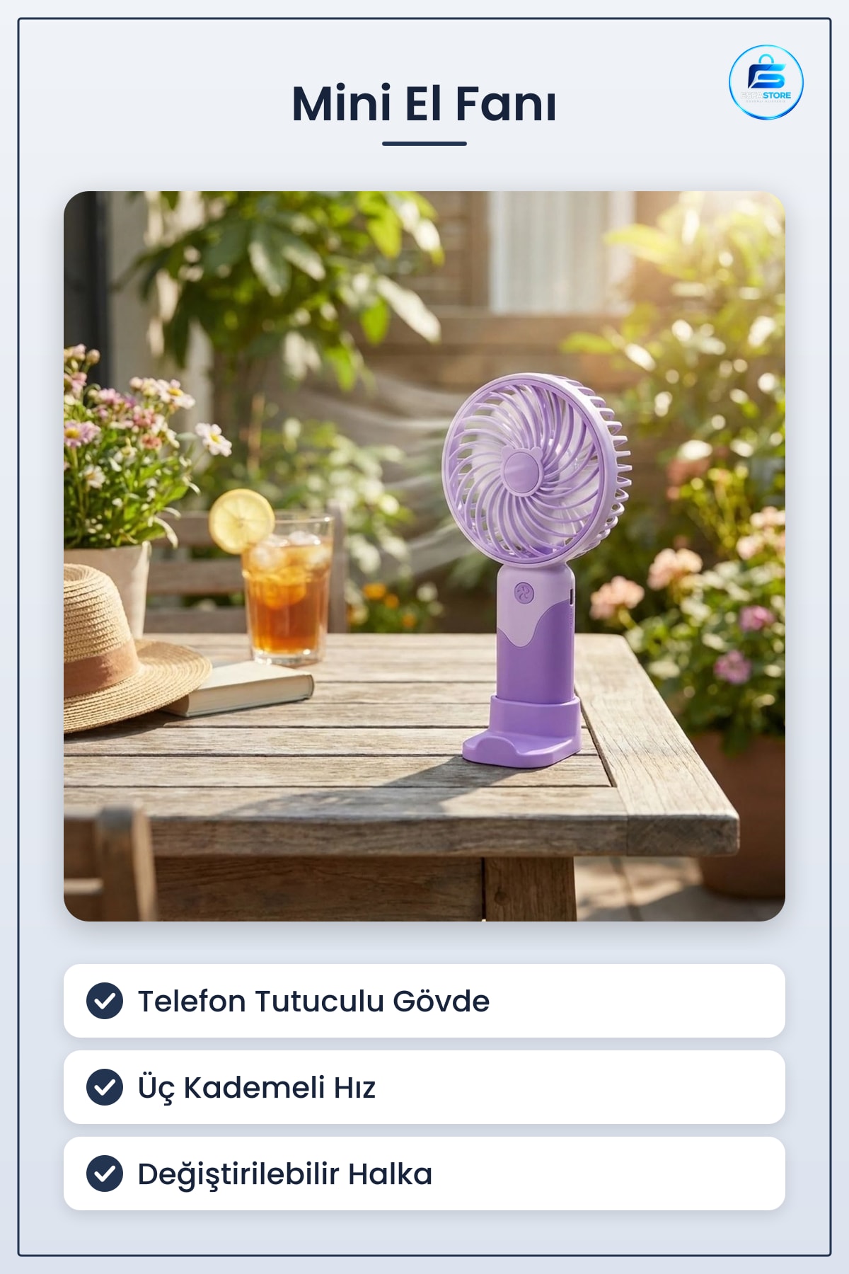 Masaüstü ve El Fanı Telefon Tutuculu Taşınabilir Mini Serinletici Halkalı Üç Kademeli Hız Ayarlı
