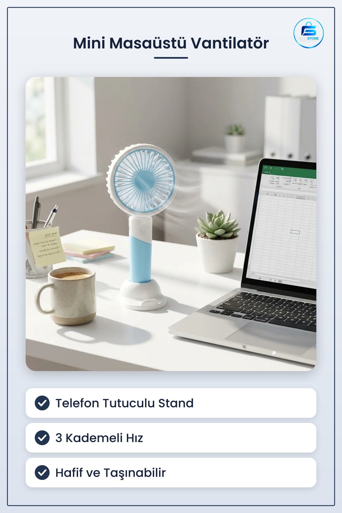 Telefon Tutuculu Standlı Masaüstü Mini Vantilatör El Fanı Taşınabilir Kompakt Hafif Pratik