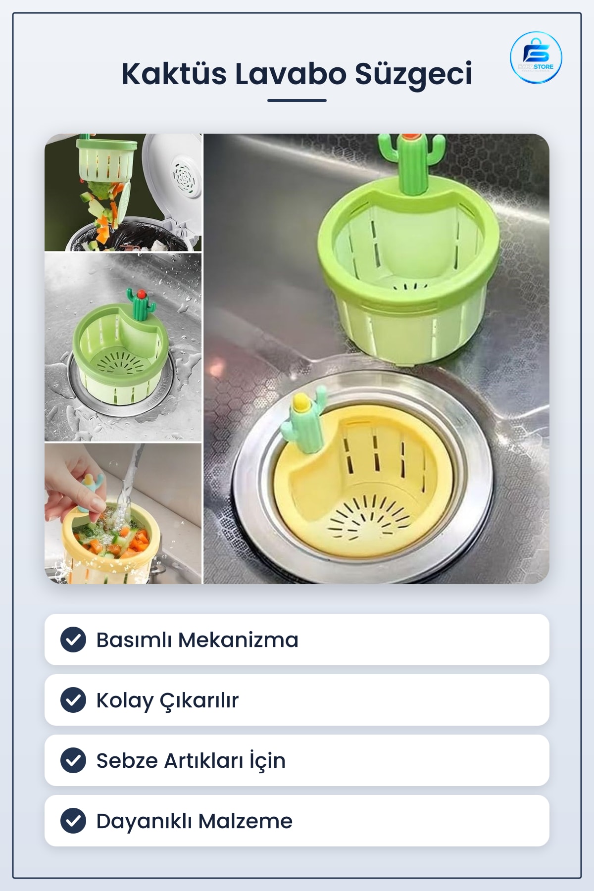 Mutfak Lavabo Süzgeci Kaktüs Tasarımlı Basmalı Gider Filtresi Sebze Artıkları İçin Pratik Dayanıklı