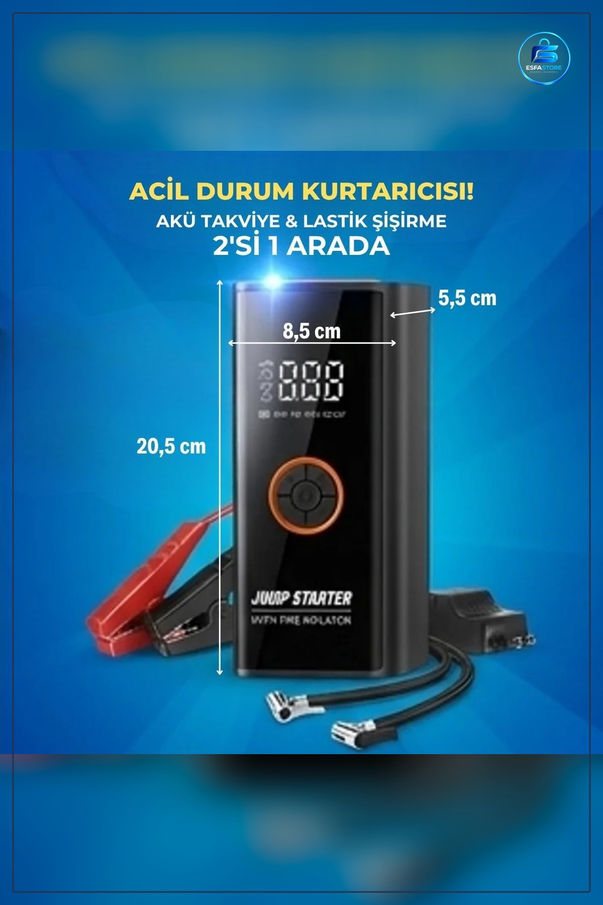 Akü Takviye Cihazı Lastik Şışirme Pompası Powerbank Özellikli SOS Fenerli Ekranlı Kompresör