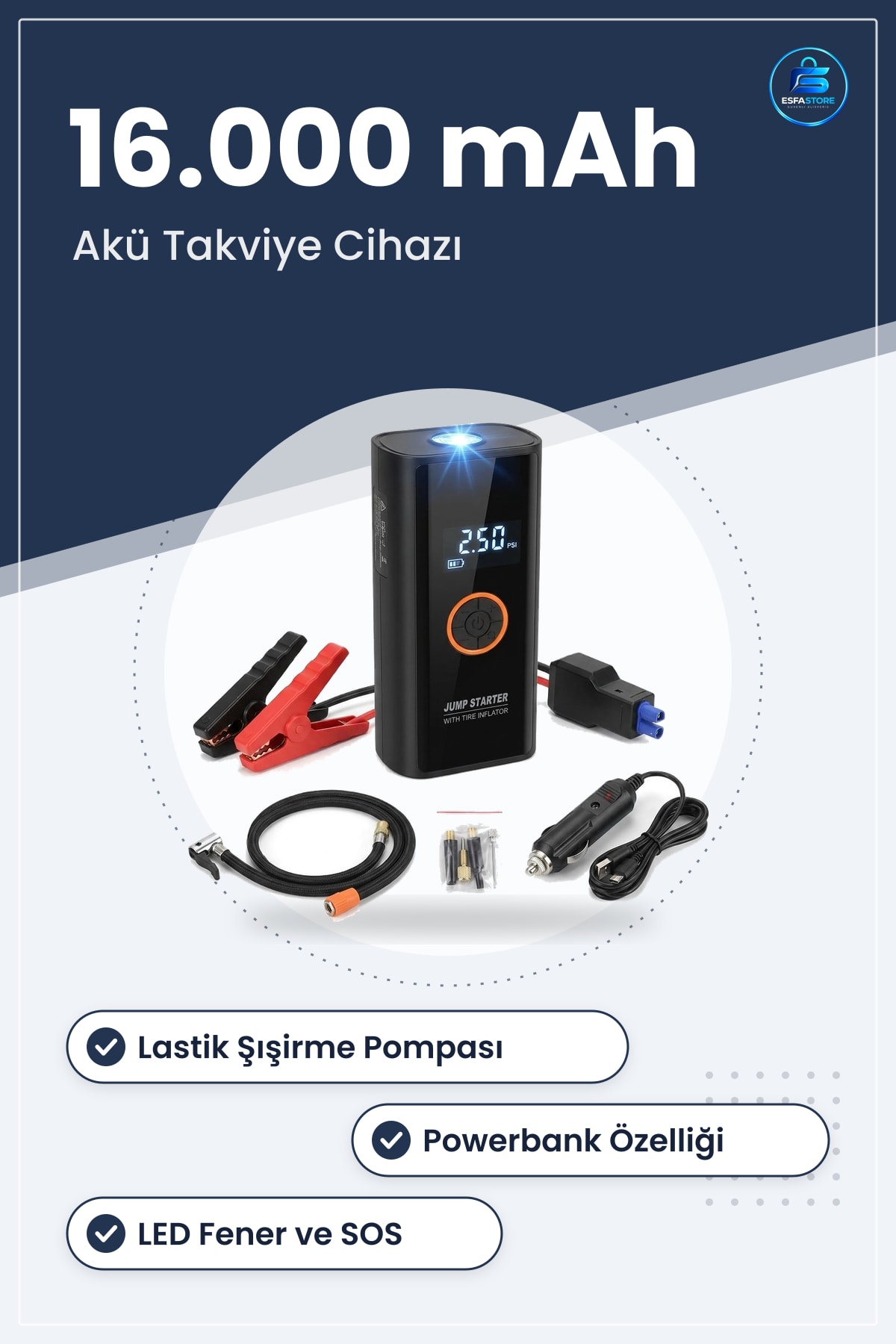Akü Takviye Cihazı Lastik Şışirme Pompası Powerbank Özellikli SOS Fenerli Ekranlı Kompresör