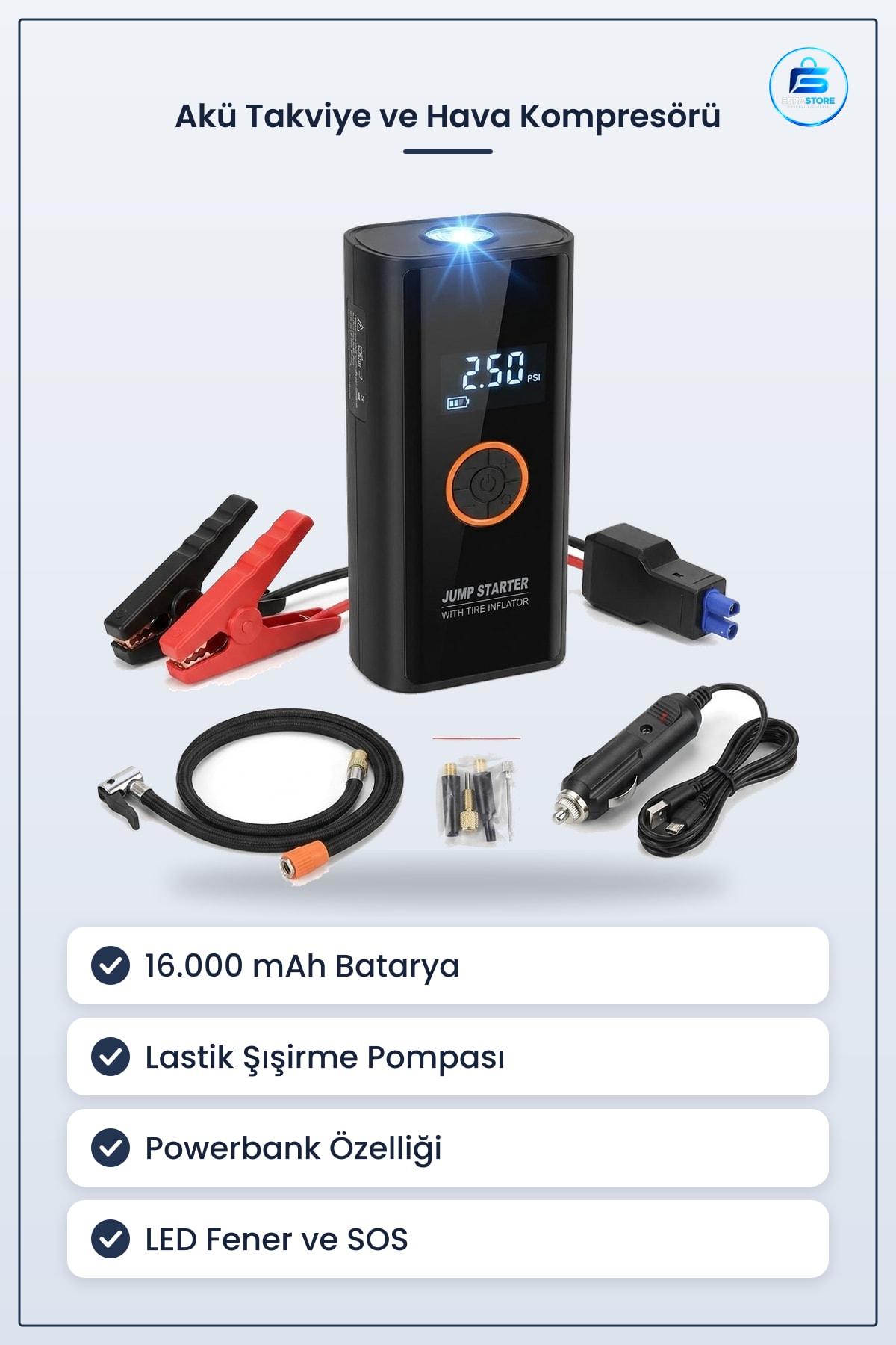 Akü Takviye Cihazı Lastik Şışirme Pompası Powerbank Özellikli SOS Fenerli Ekranlı Kompresör