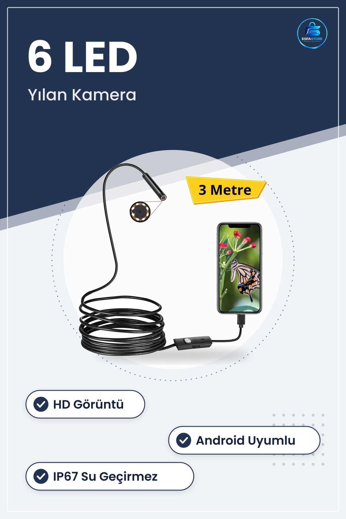 Android Telefon Uyumlu Su Geçirmez LED Işıklı Endoskop Boroskop Yılan Kamera HD Görüntülü Esnek