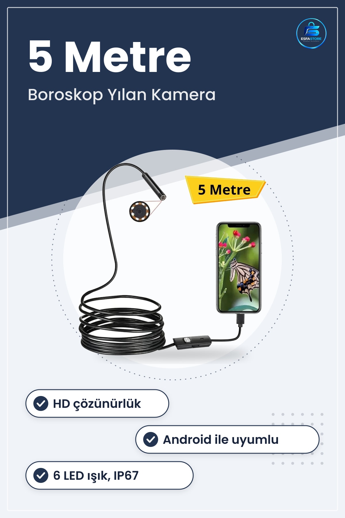 Endoskop Boroskop Yılan Kamera Android Telefon Uyumlu Su Geçirmez LED Işıklı HD Kablolu Dayanıklı