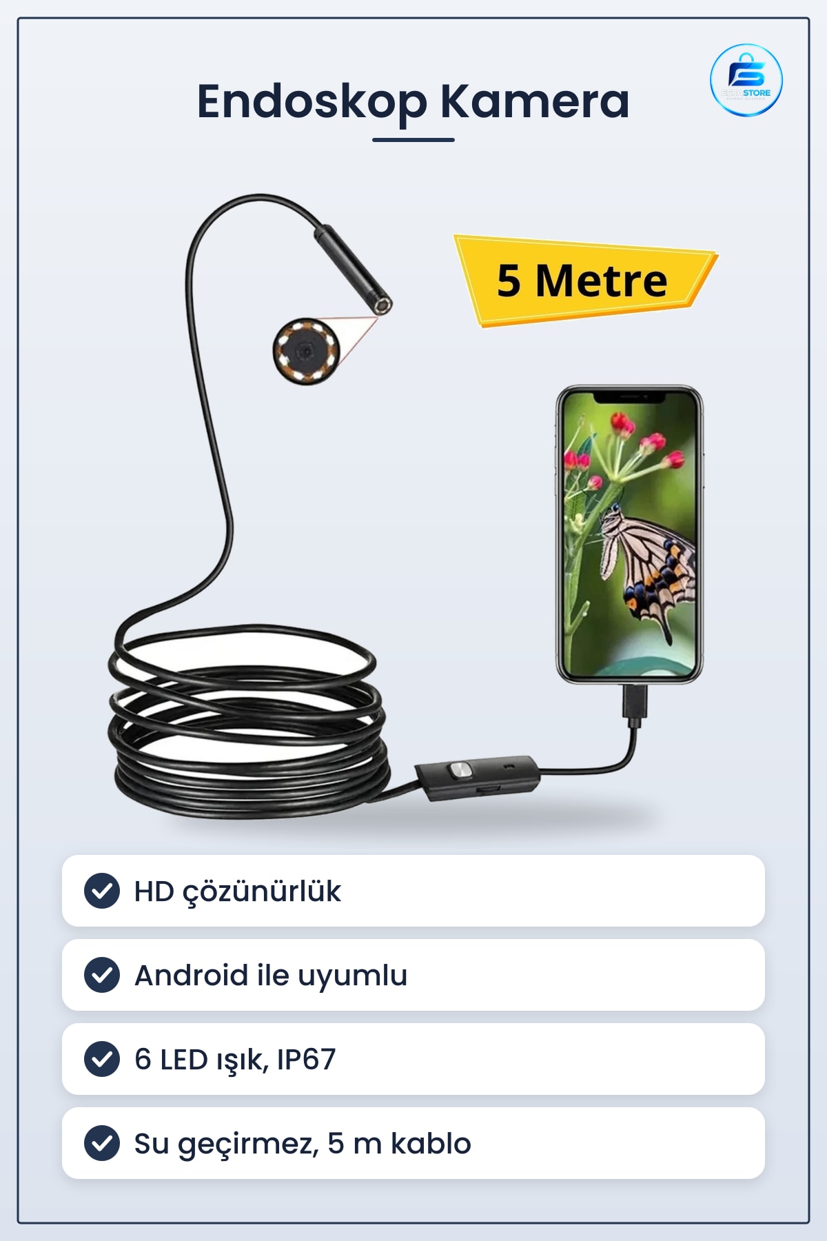 Endoskop Boroskop Yılan Kamera Android Telefon Uyumlu Su Geçirmez LED Işıklı HD Kablolu Dayanıklı