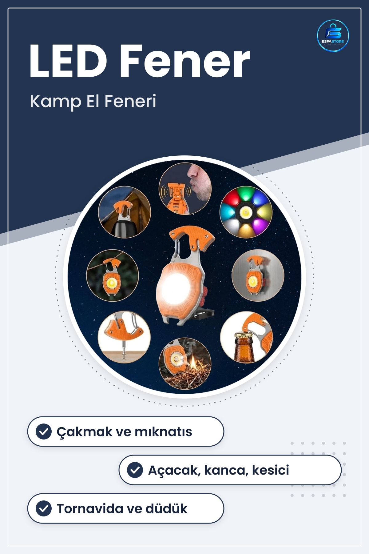 Şarjlı LED Çakmaklı Mıknatıslı Kancalı Tornavidalı Kesicili Açacaklı Kamp ve Acil Durum El Feneri