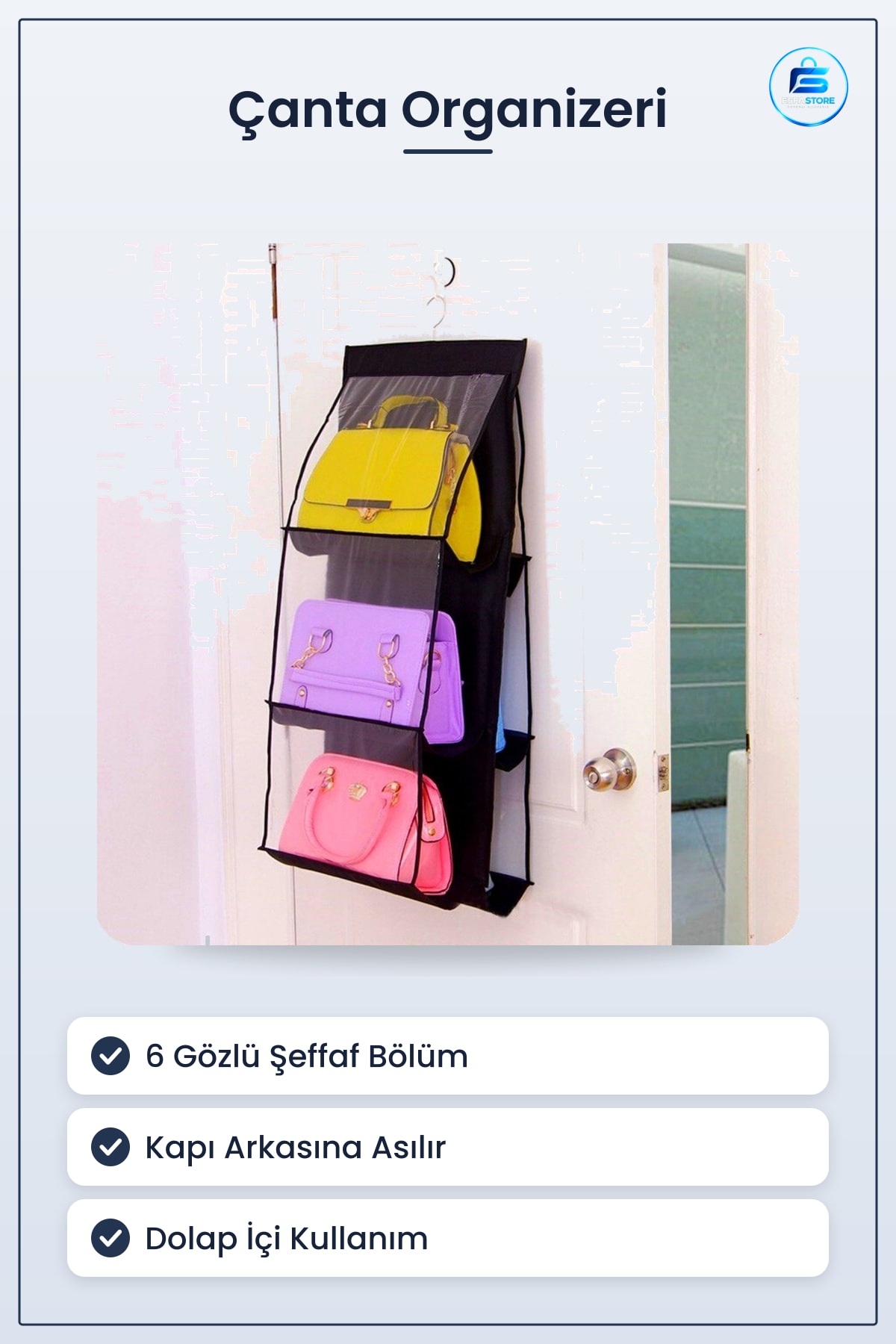 Çanta Düzenleyici Askılık Dolap İçi Kapı Arkası Şeffaf PVC Gözlü Pratik Organizer Kullanışlı