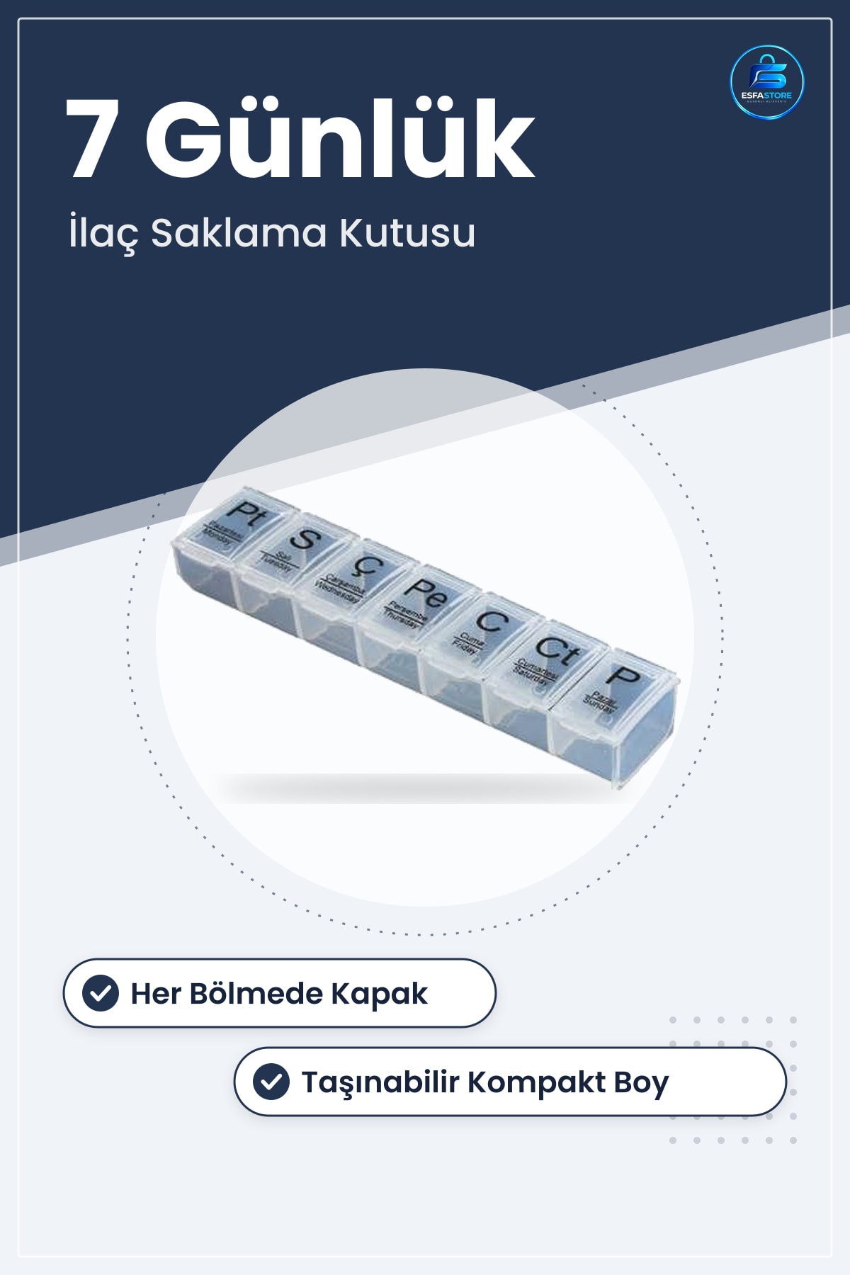 Haftalık İlaç Saklama Kabı 7 Günlük Yedi Bölmeli Taşınabilir Kapaklı Hap Organizeri