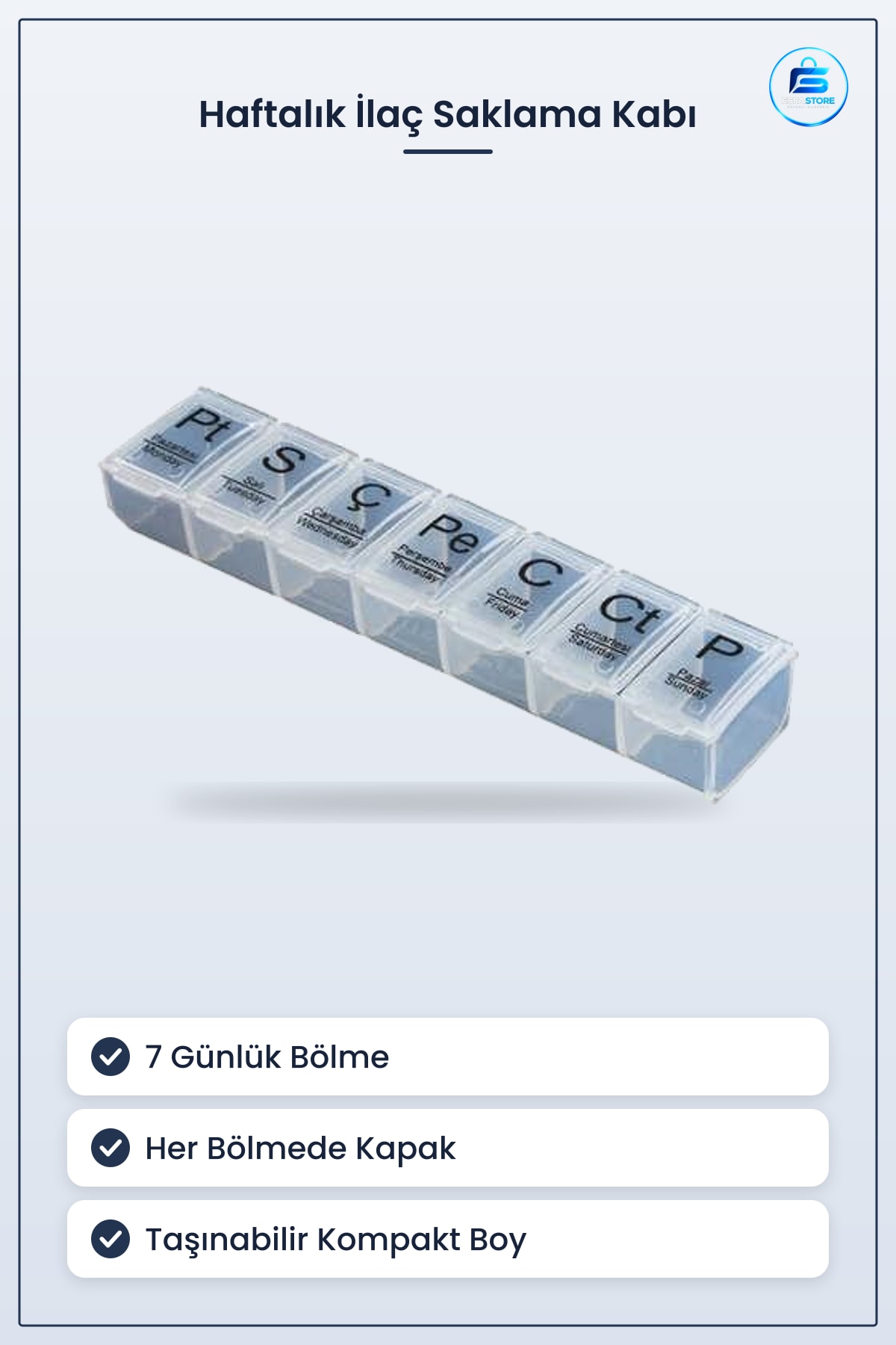 Haftalık İlaç Saklama Kabı 7 Günlük Yedi Bölmeli Taşınabilir Kapaklı Hap Organizeri